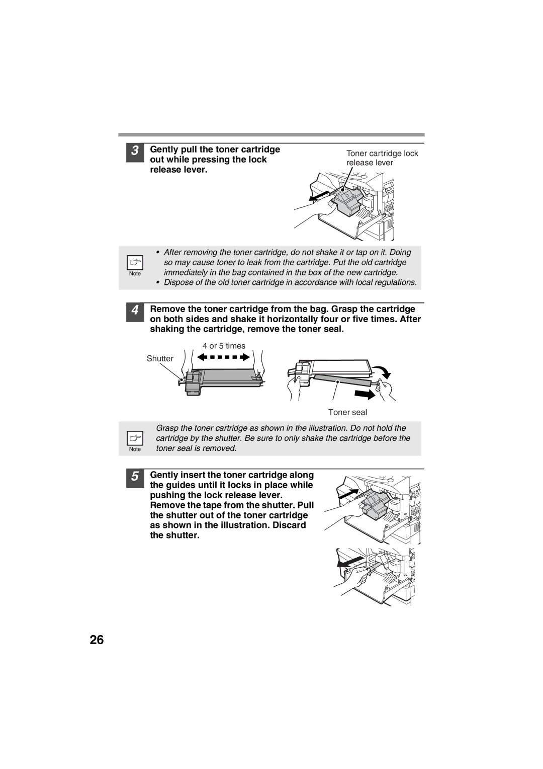 Sharp AR-153E, AR-157E operation manual Gently pull the toner cartridge, Out while pressing the lock, Release lever 