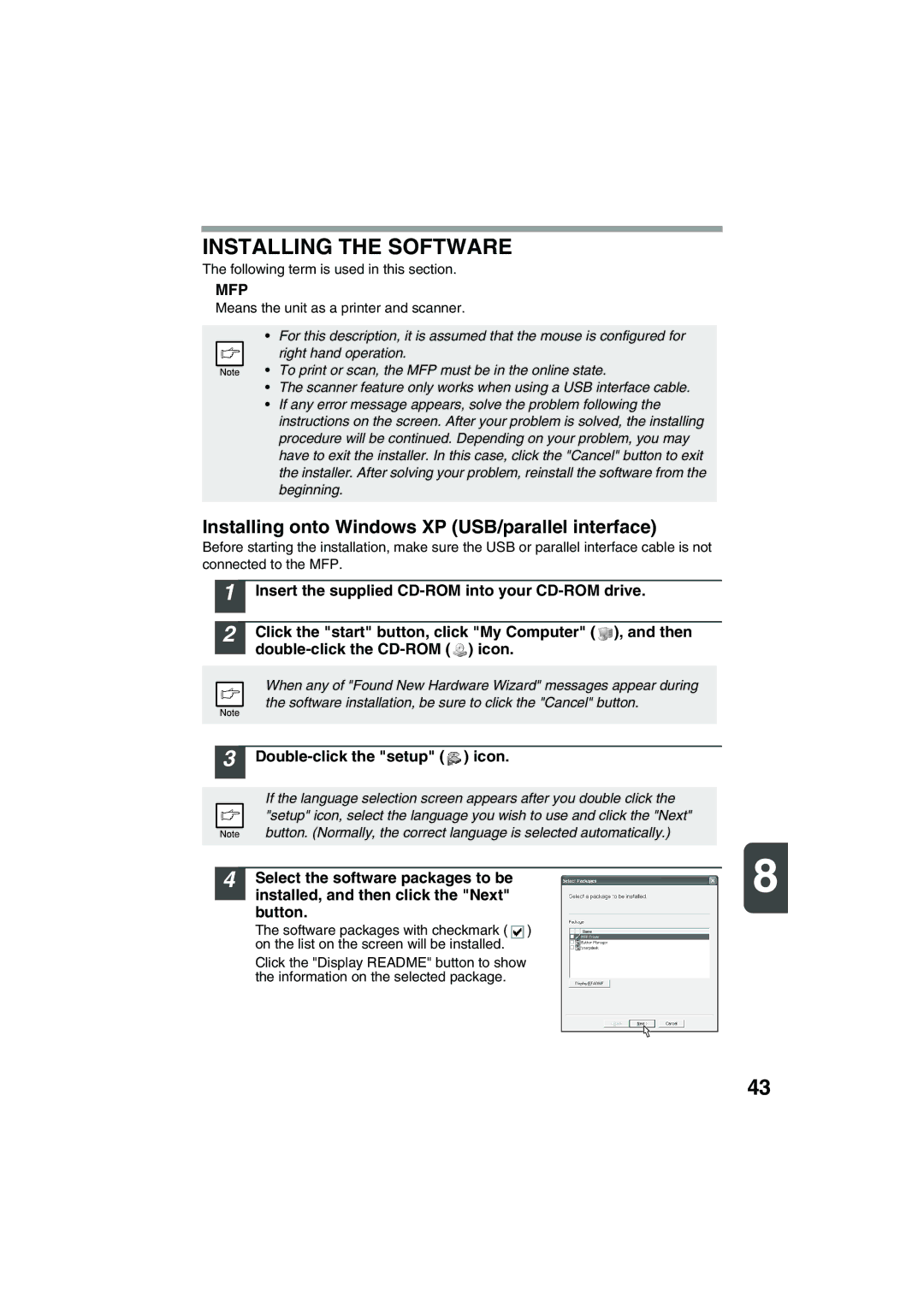 Sharp AR-157E, AR-153E operation manual Installing the Software, Installing onto Windows XP USB/parallel interface 