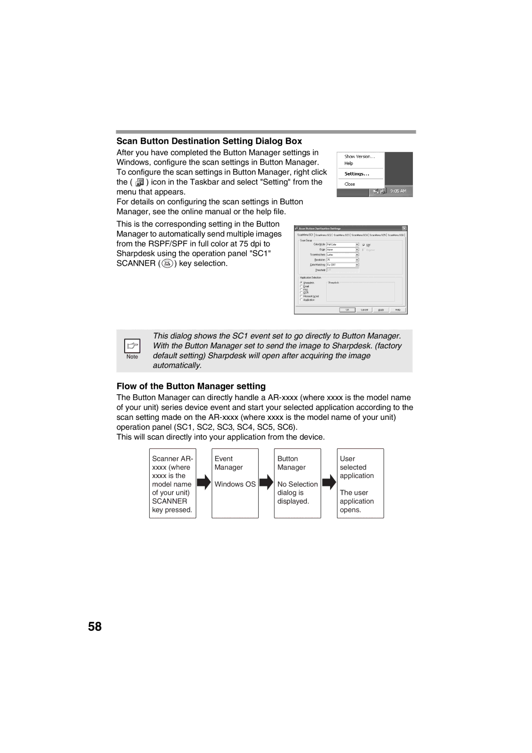 Sharp AR-153E, AR-157E operation manual Scan Button Destination Setting Dialog Box, Flow of the Button Manager setting 