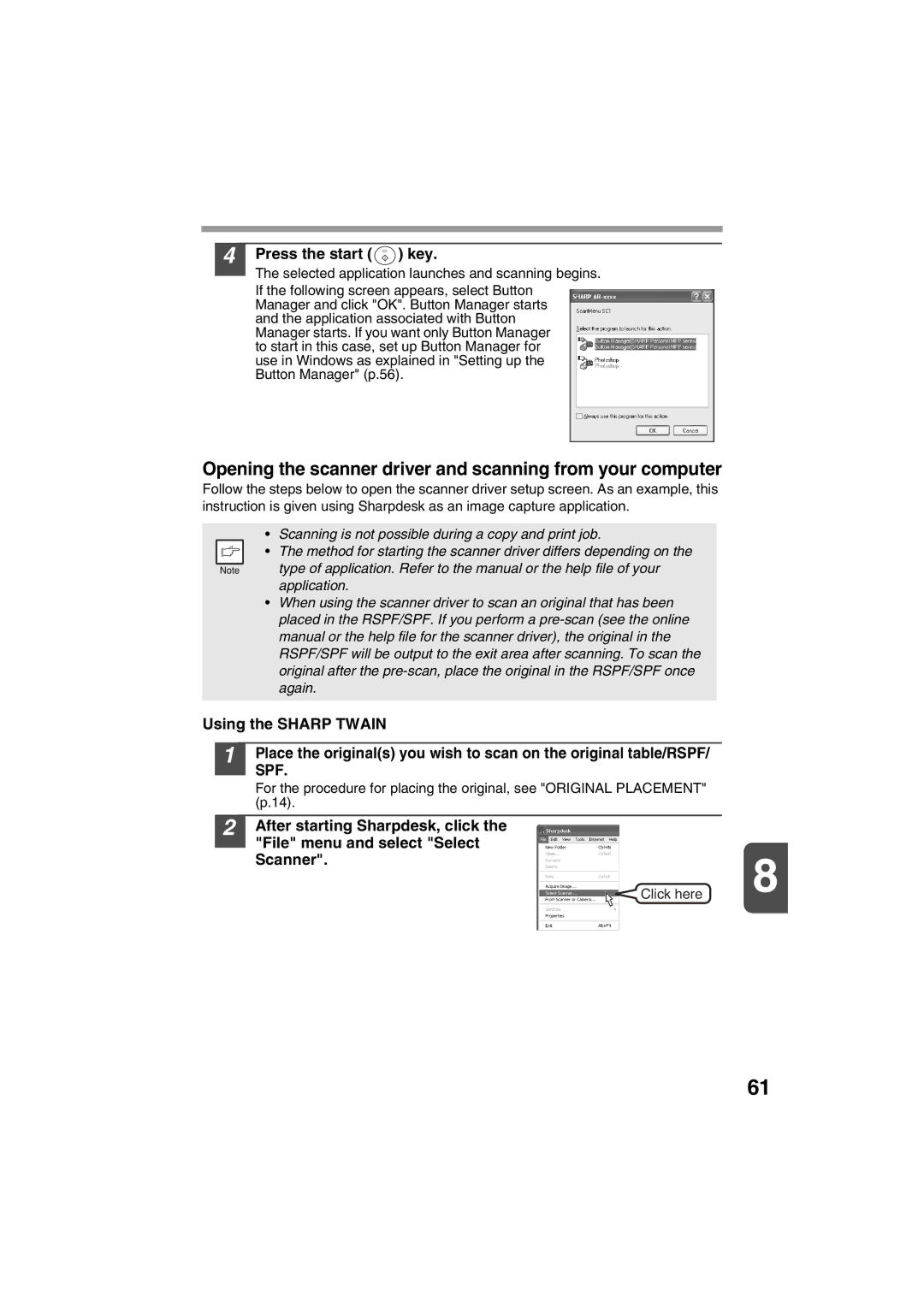 Sharp AR-157E Opening the scanner driver and scanning from your computer, Press the start Key, Using the Sharp Twain 