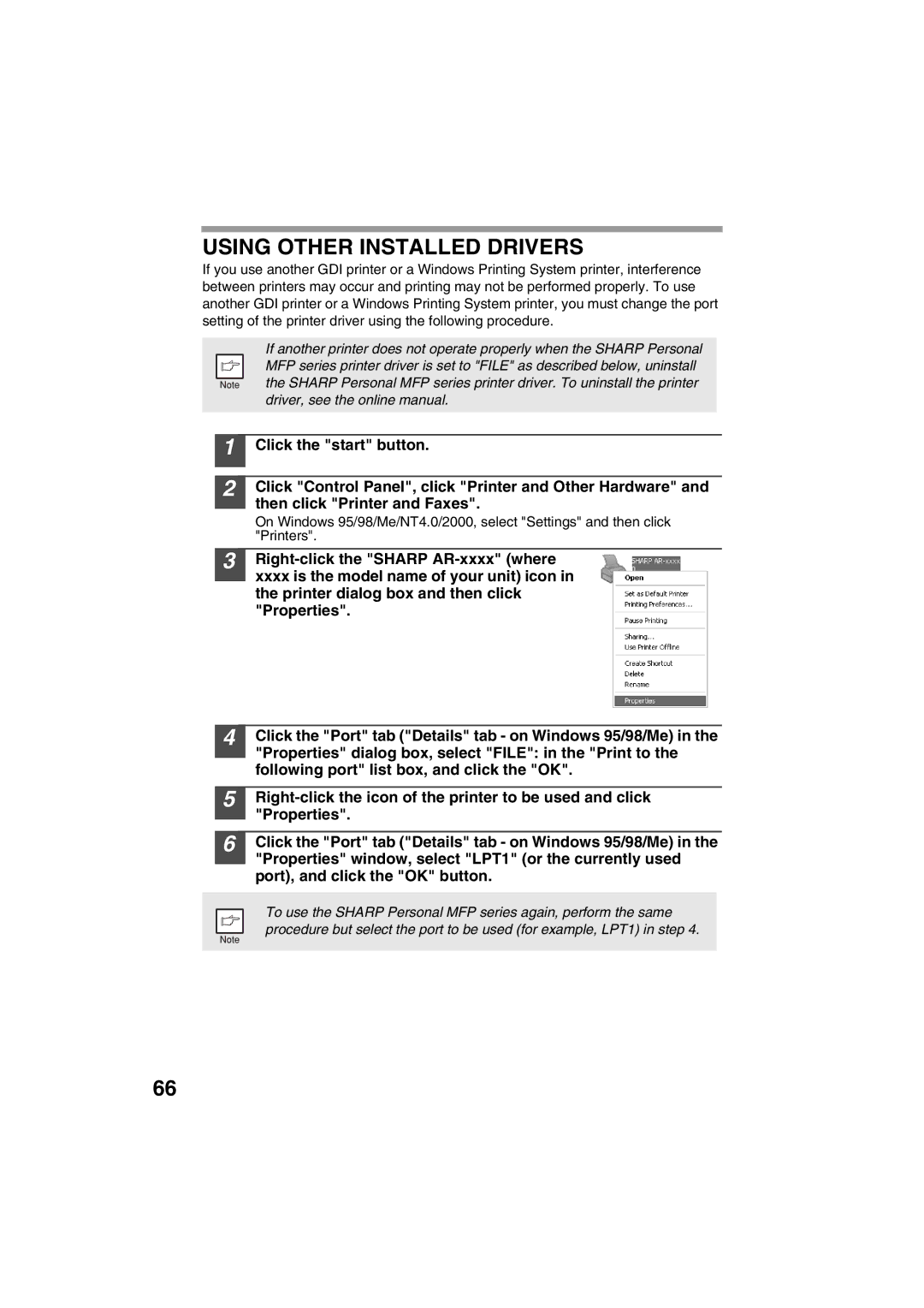 Sharp AR-153E, AR-157E operation manual Using Other Installed Drivers 