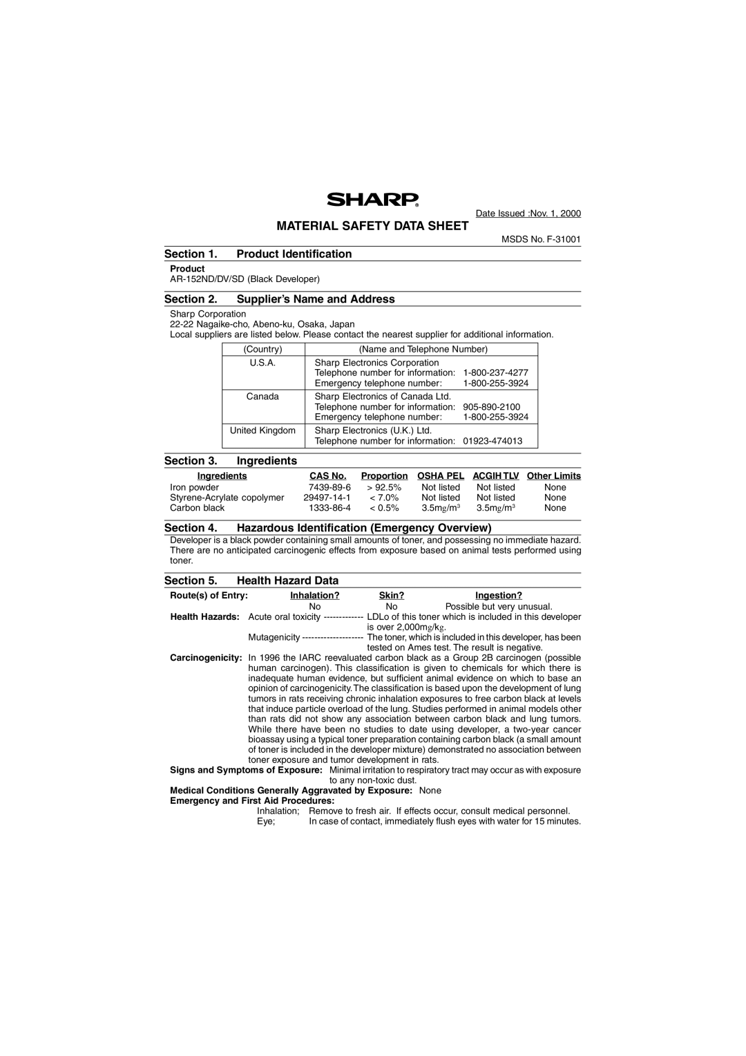 Sharp AR-157E, AR-153E operation manual Ingredients CAS No Proportion 