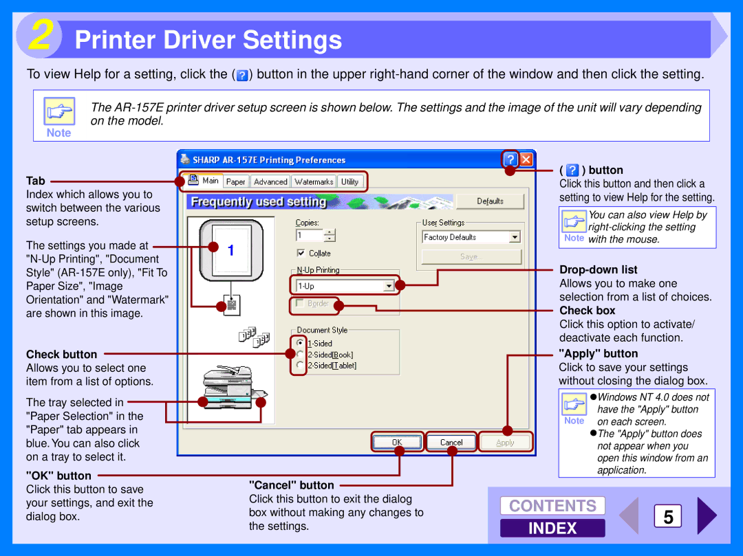 Sharp AR-157E, AR-153E operation manual Printer Driver Settings 