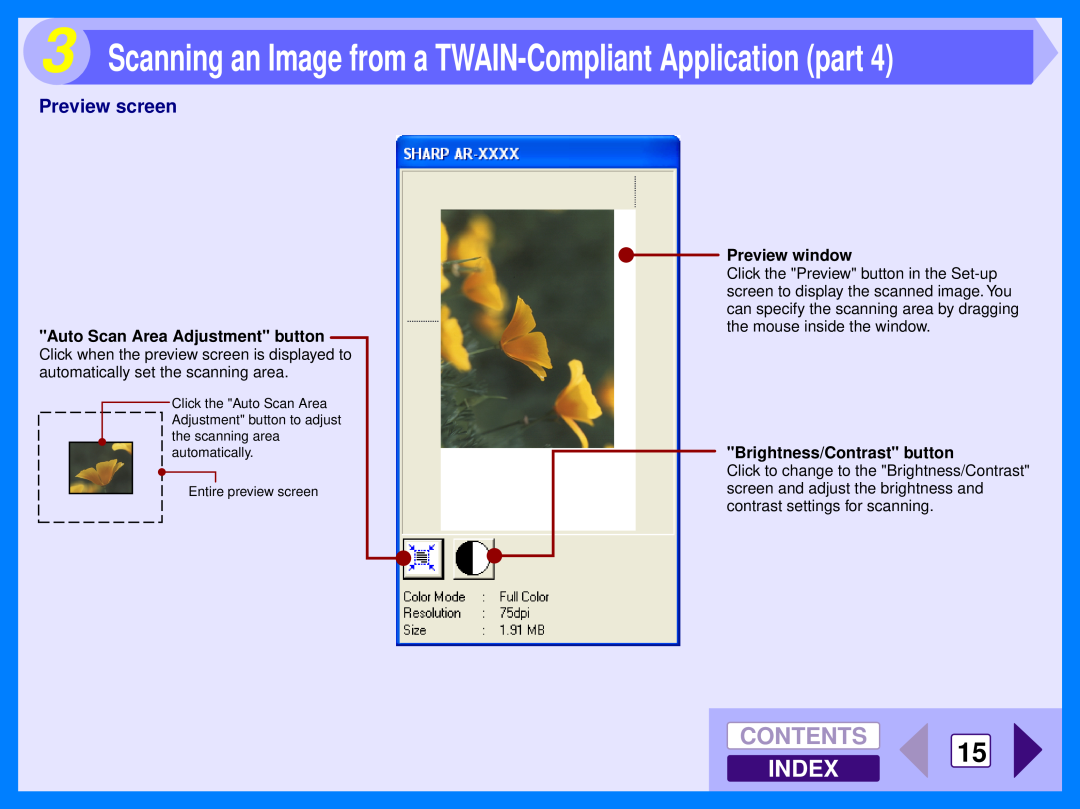 Sharp AR-157E, AR-153E CONTENTS 15 INDEX, Preview screen, Scanning an Image from a TWAIN-Compliant Application part 