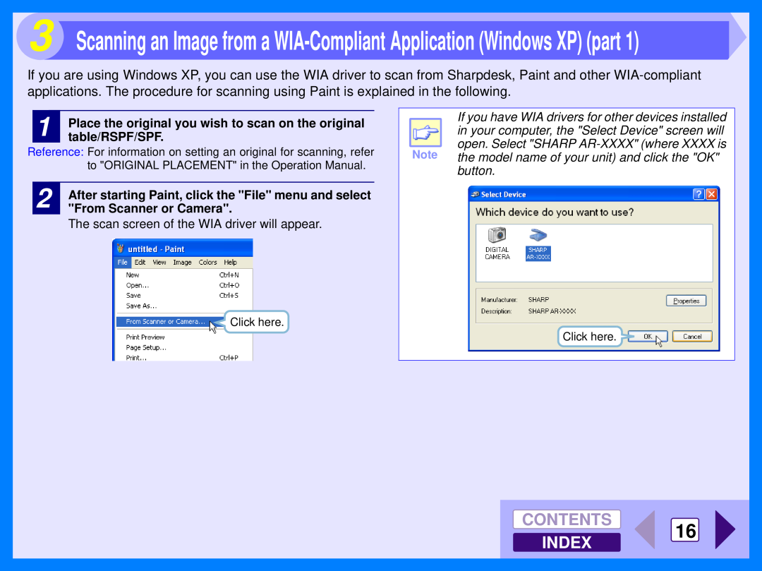 Sharp AR-153E, AR-157E Scanning an Image from a WIA-Compliant Application Windows XP part, Contents, Index, table/RSPF/SPF 