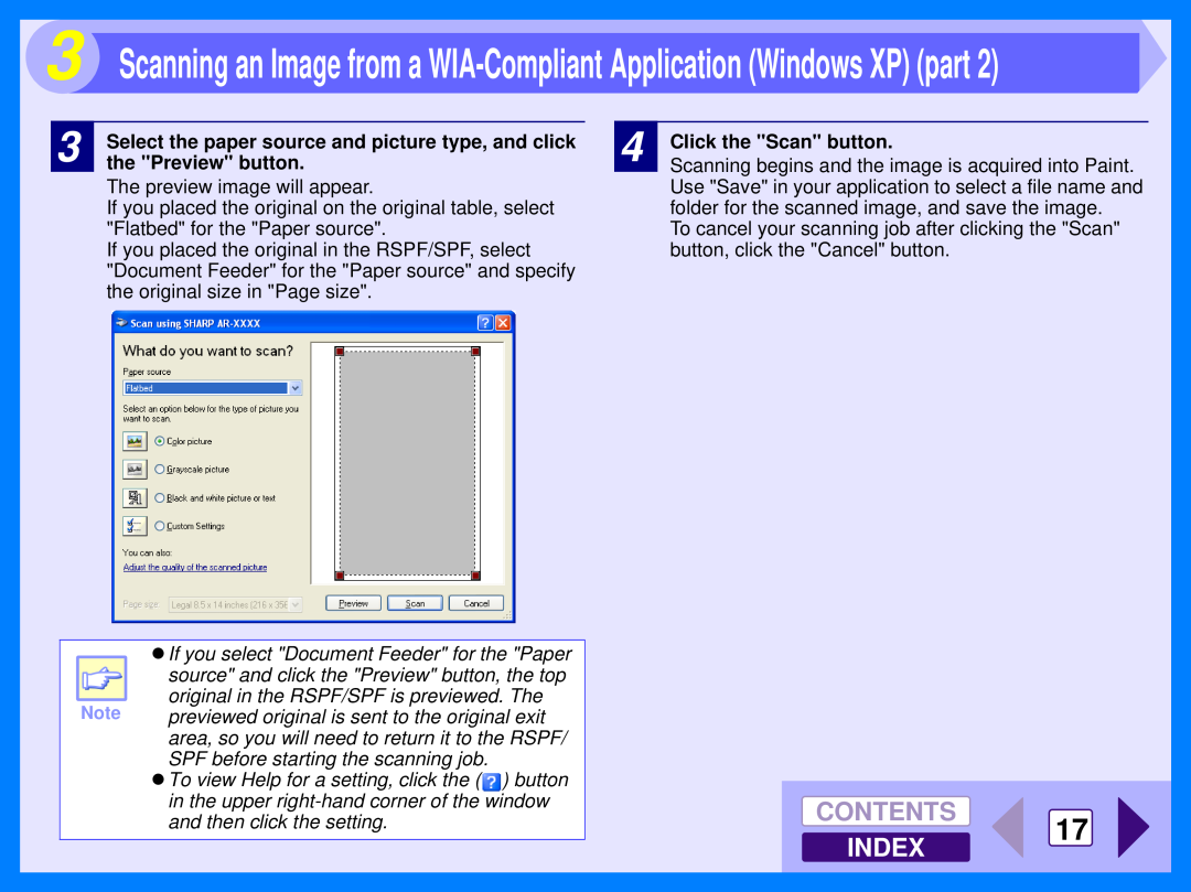 Sharp AR-157E CONTENTS 17 INDEX, Scanning an Image from a WIA-Compliant Application Windows XP part, Click the Scan button 