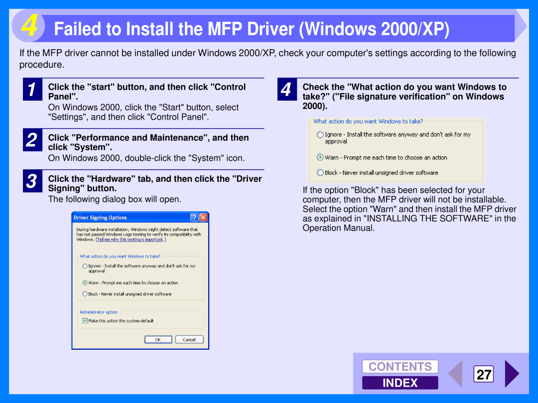 Sharp AR-157E, AR-153E operation manual Failed to Install the MFP Driver Windows 2000/XP, CONTENTS 27 INDEX 