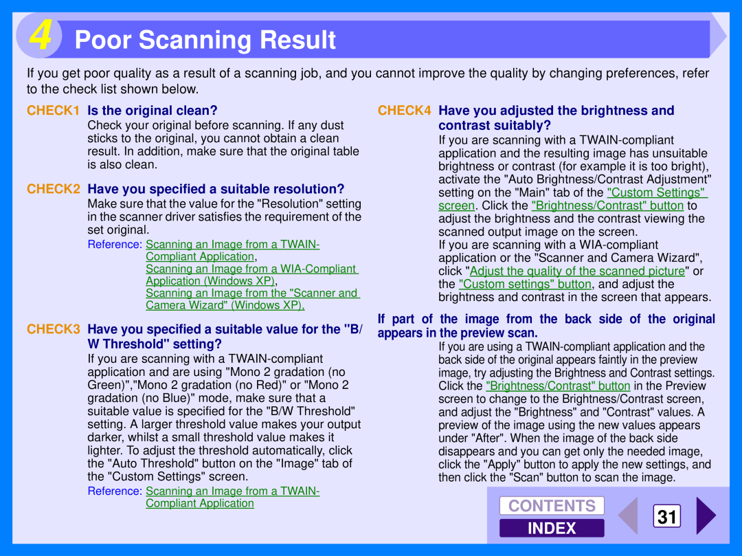 Sharp AR-157E Poor Scanning Result, CHECK1 Is the original clean?, CHECK2 Have you specified a suitable resolution?, Index 