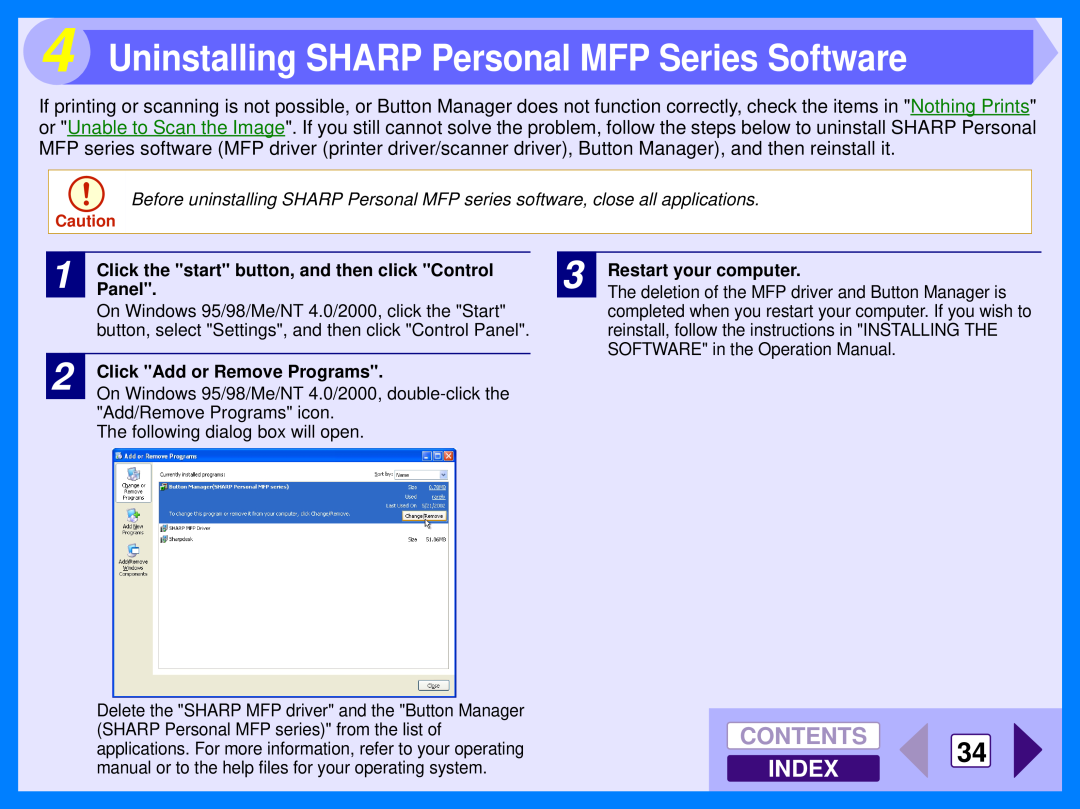 Sharp AR-153E, AR-157E Uninstalling SHARP Personal MFP Series Software, CONTENTS 34 INDEX, Click Add or Remove Programs 