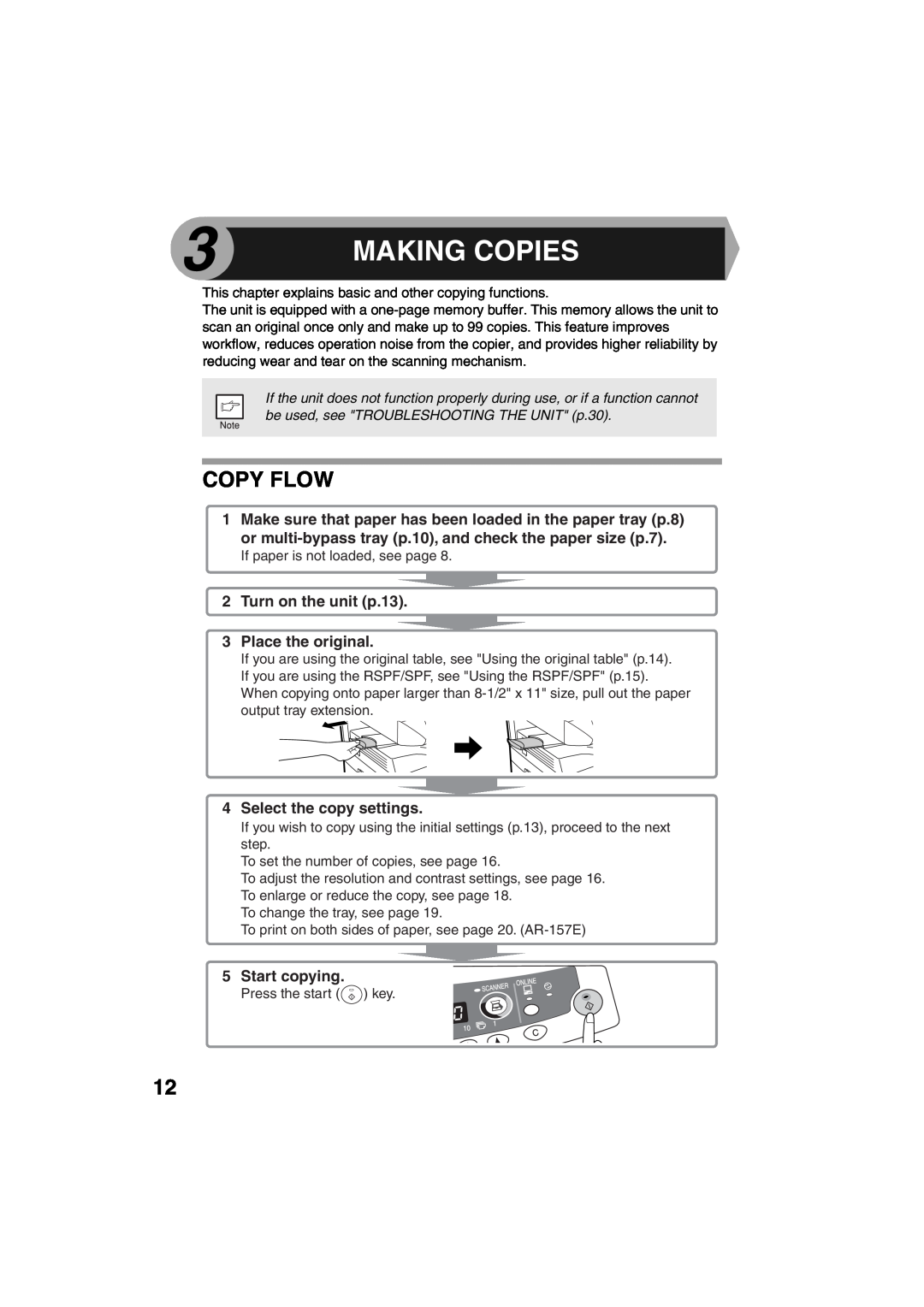 Sharp AR-153E, AR-157E Making Copies, Copy Flow, Turn on the unit p.13 3 Place the original, Select the copy settings 