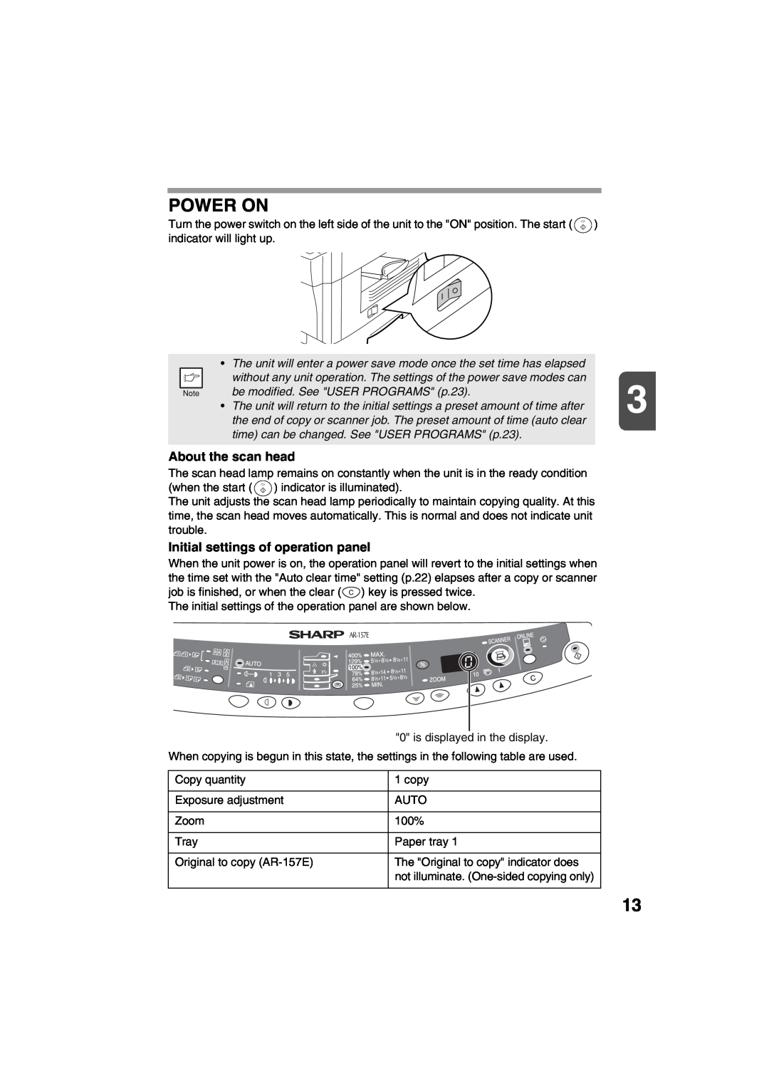 Sharp AR-157E, AR-153E operation manual Power On, About the scan head, Initial settings of operation panel 