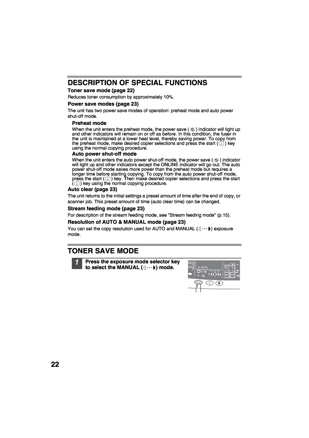 Sharp AR-153E Description Of Special Functions, Toner Save Mode, Toner save mode page, Power save modes page, Preheat mode 