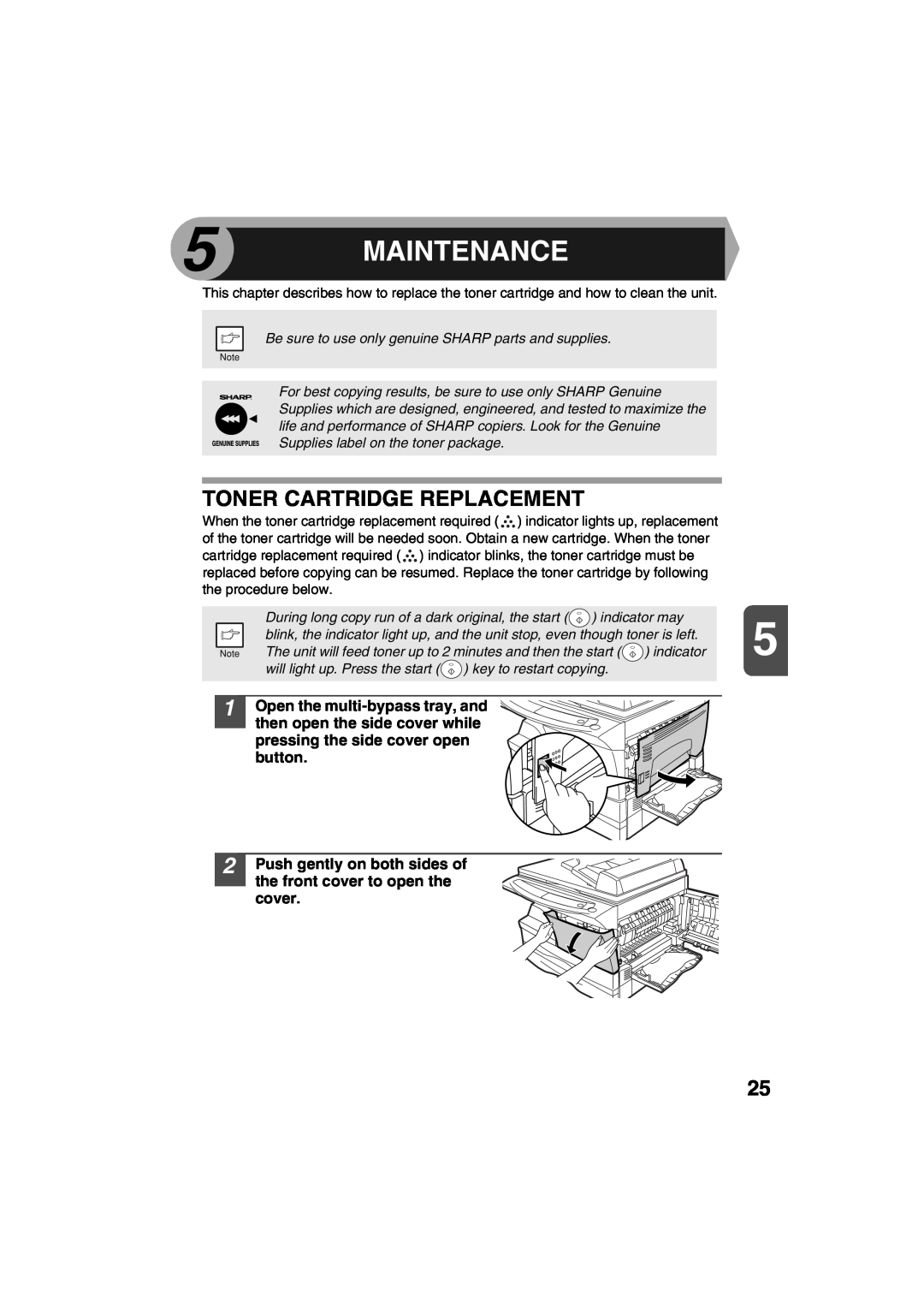 Sharp AR-157E Maintenance, Toner Cartridge Replacement, Push gently on both sides of the front cover to open the cover 