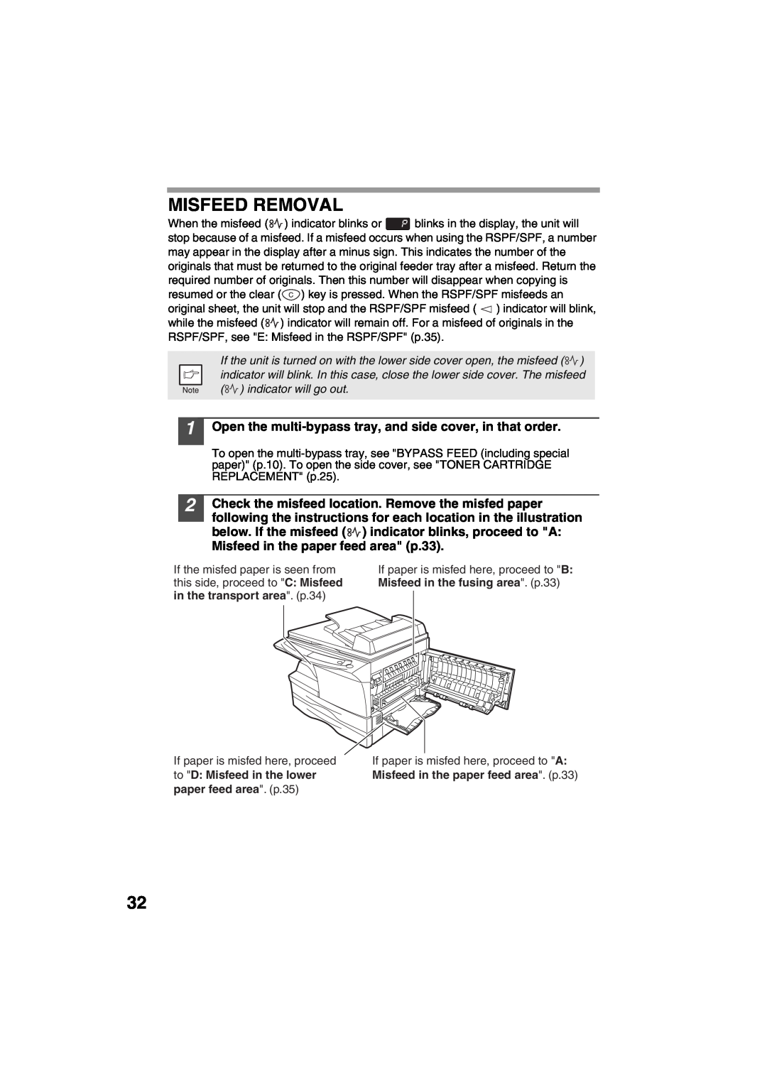 Sharp AR-153E, AR-157E operation manual Misfeed Removal, Open the multi-bypass tray, and side cover, in that order 