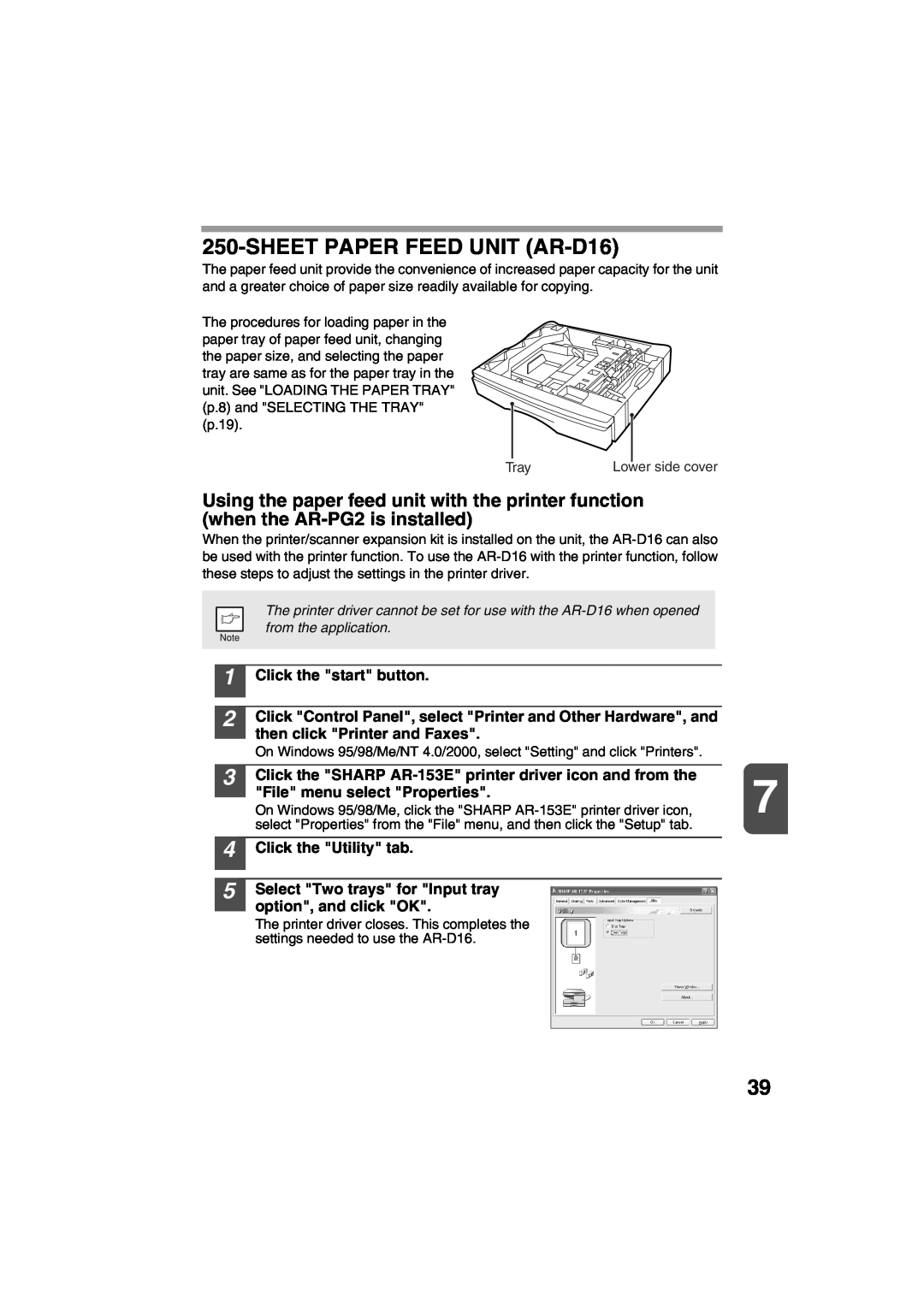 Sharp AR-157E SHEET PAPER FEED UNIT AR-D16, Click the start button, then click Printer and Faxes, Click the Utility tab 