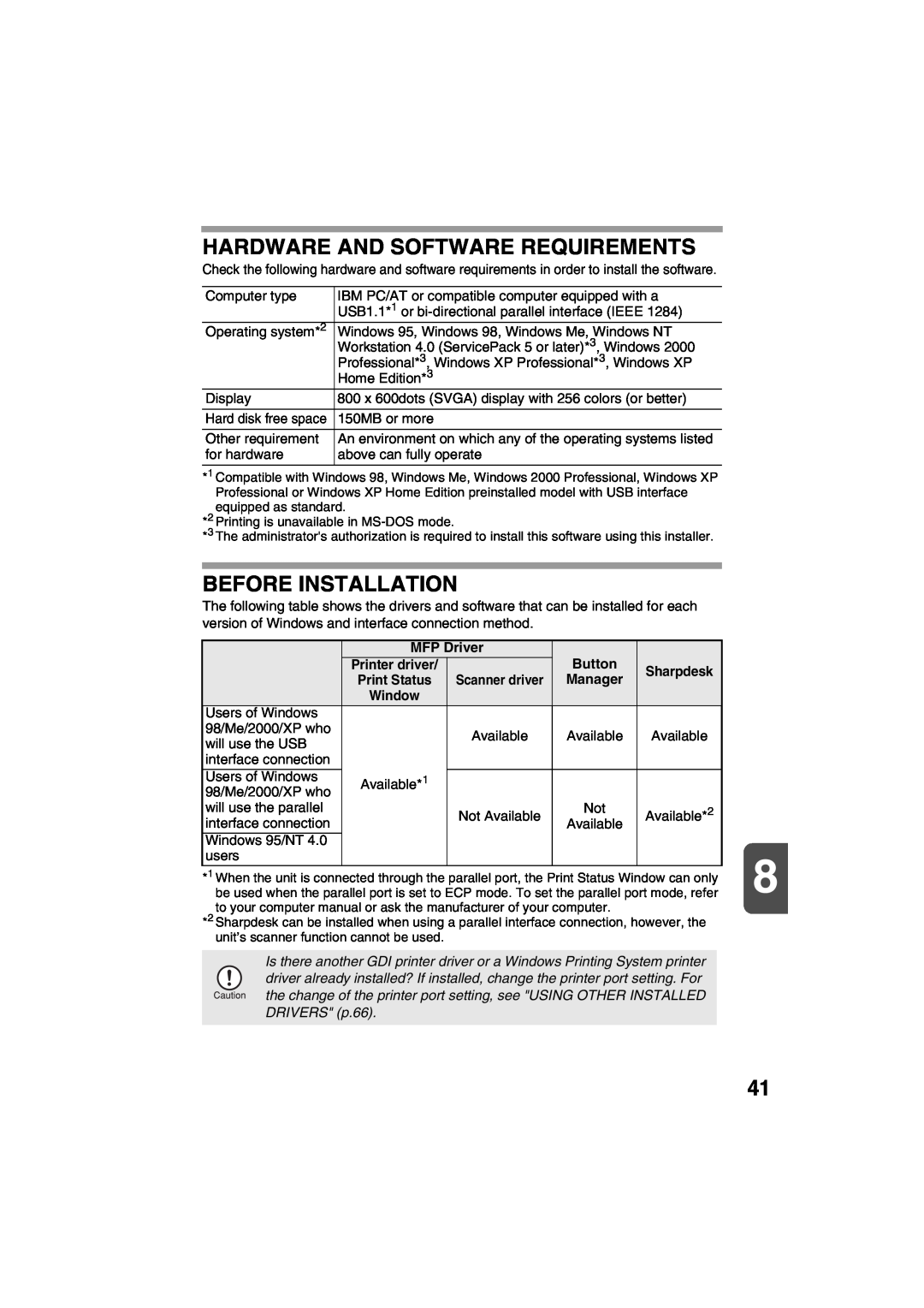 Sharp AR-157E, AR-153E operation manual Hardware And Software Requirements, Before Installation, MFP Driver, Button 