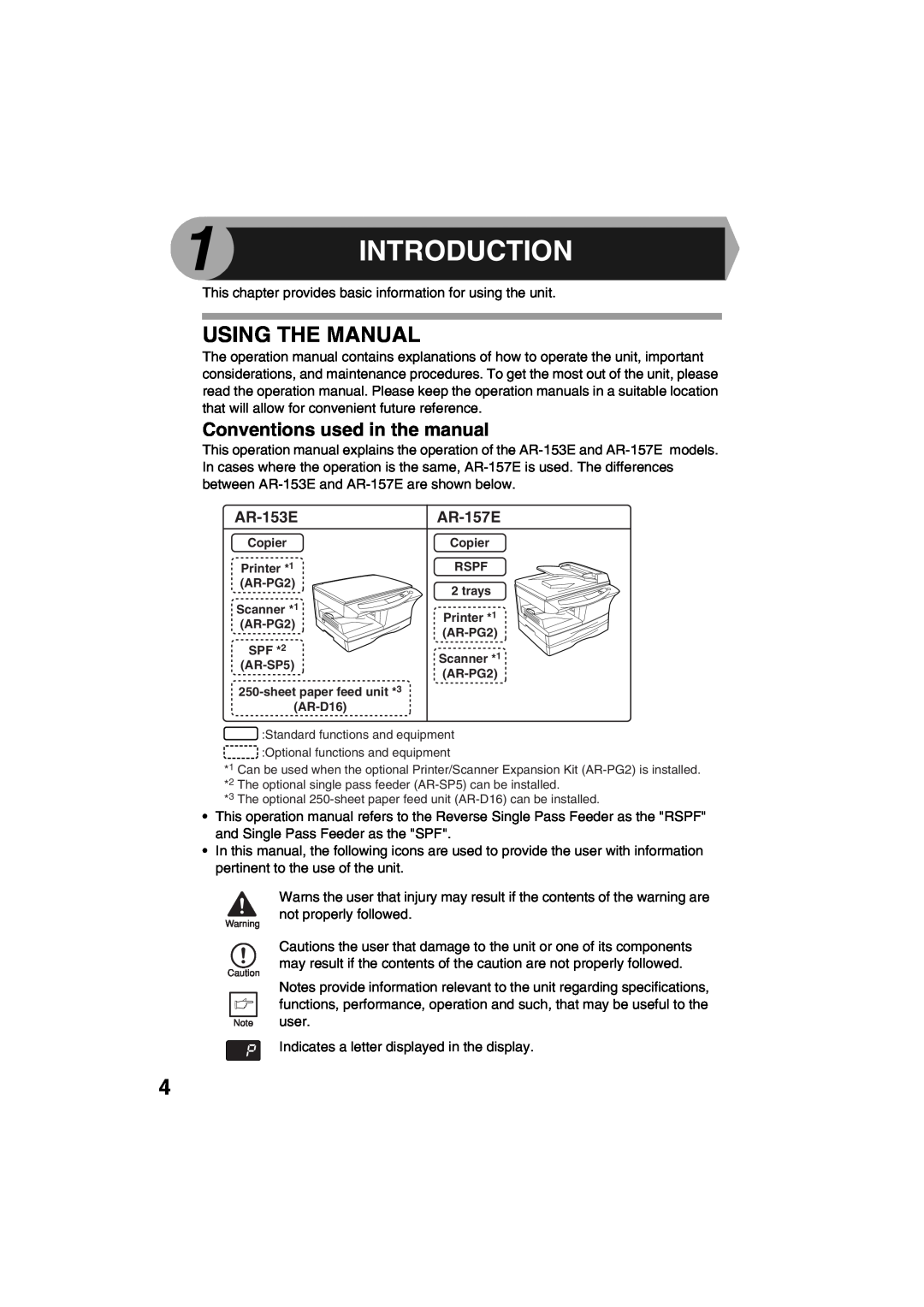 Sharp operation manual Introduction, Using The Manual, AR-153EAR-157E 