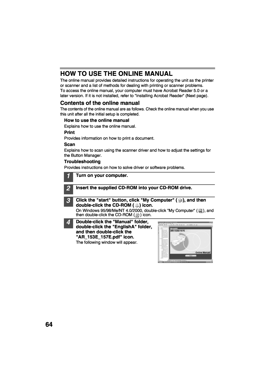 Sharp AR-153E, AR-157E How To Use The Online Manual, How to use the online manual, Print, Scan, Troubleshooting 