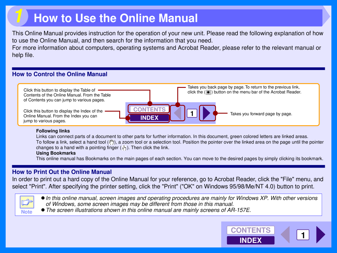 Sharp AR-157E, AR-153E operation manual How to Use the Online Manual, Contents, Index, How to Control the Online Manual 