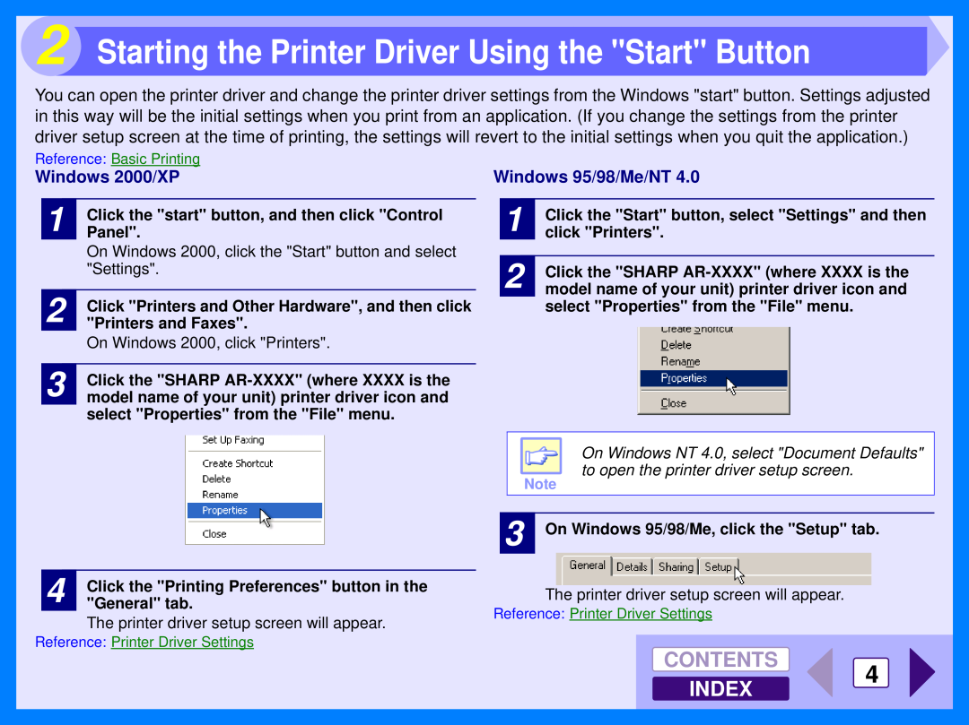 Sharp AR-153E Starting the Printer Driver Using the Start Button, Windows 2000/XP, Windows 95/98/Me/NT, Contents, Index 