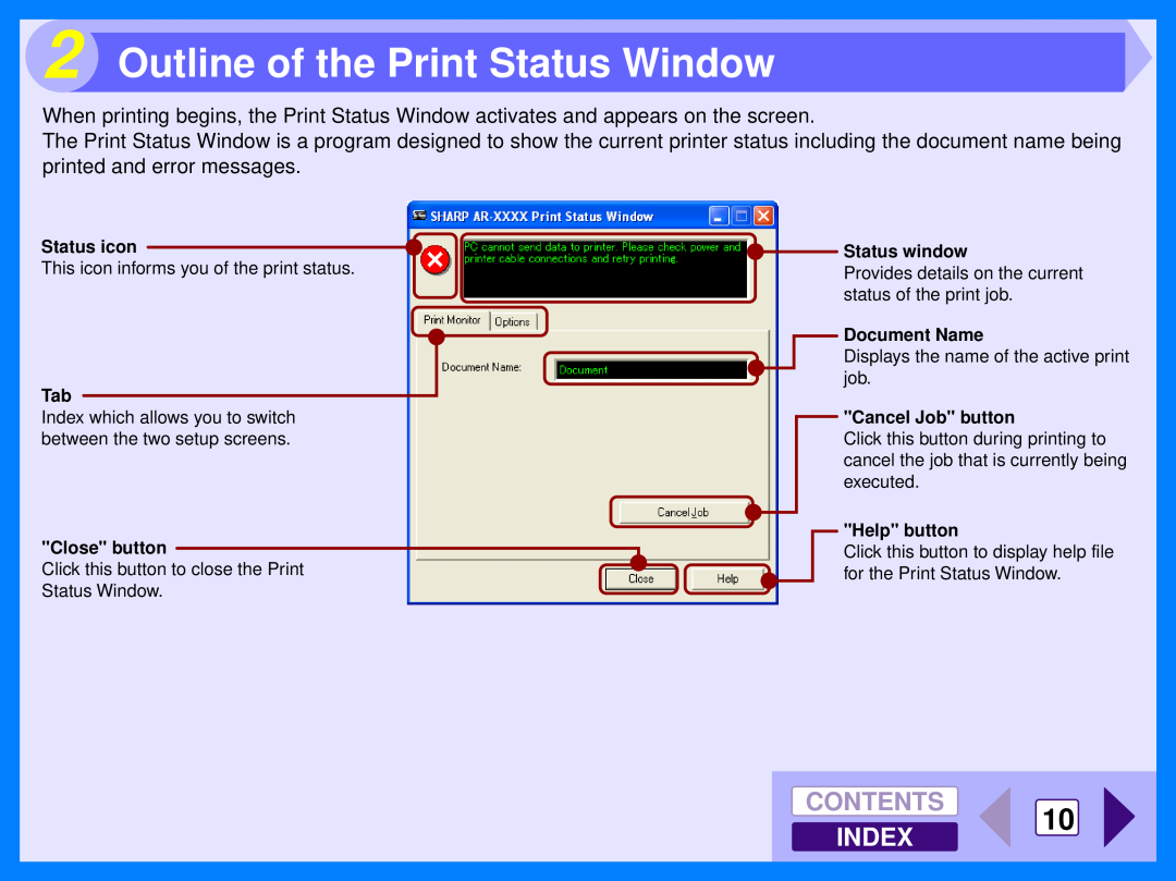 Sharp AR-153E, AR-157E operation manual Outline of the Print Status Window, CONTENTS 10 INDEX 