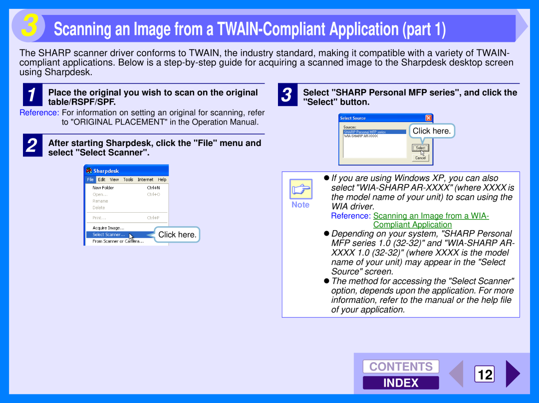 Sharp AR-153E Scanning an Image from a TWAIN-Compliant Application part, CONTENTS 12 INDEX, table/RSPF/SPF, Select button 
