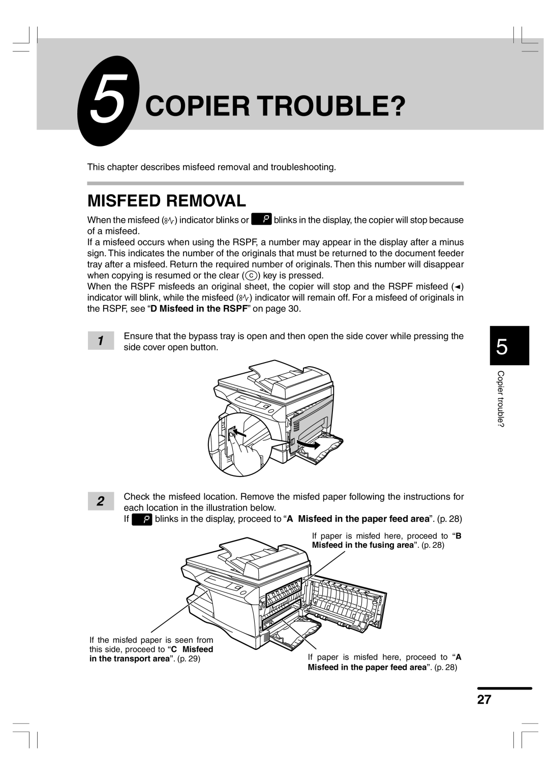 Sharp AR-156 appendix Copier TROUBLE?, Misfeed Removal 