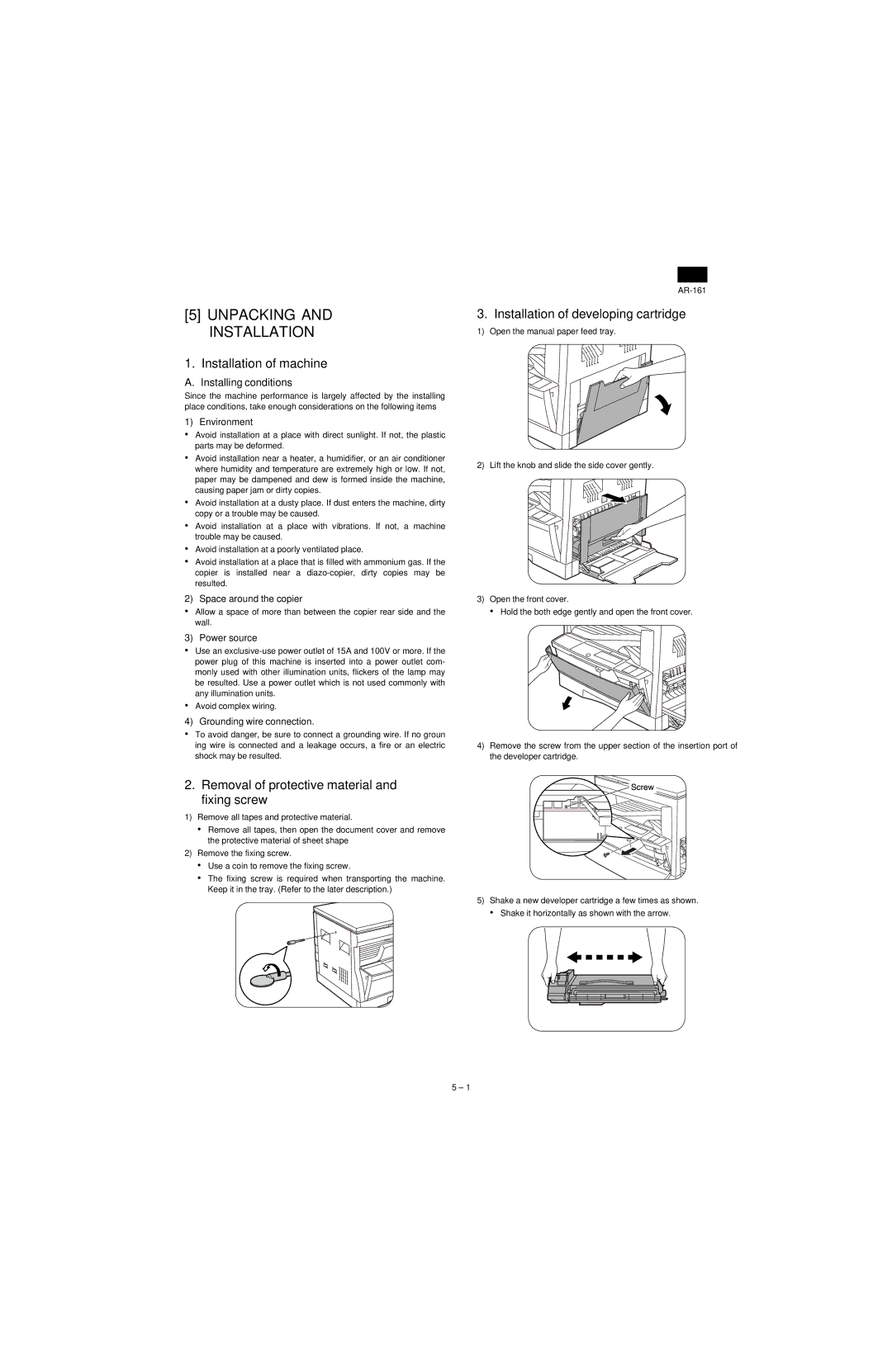 Sharp AR-161, AR-160 Unpacking and Installation, Installation of machine, Removal of protective material and fixing screw 