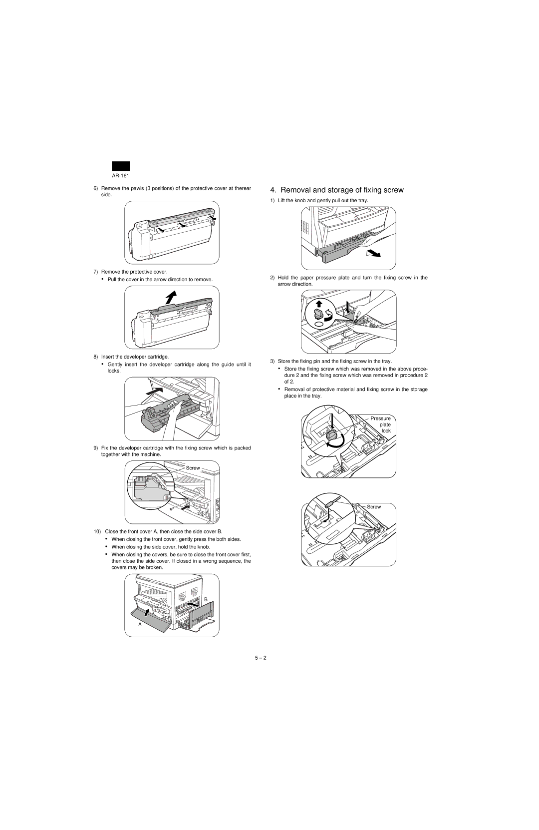 Sharp AR-160, AR-161 specifications Removal and storage of fixing screw 