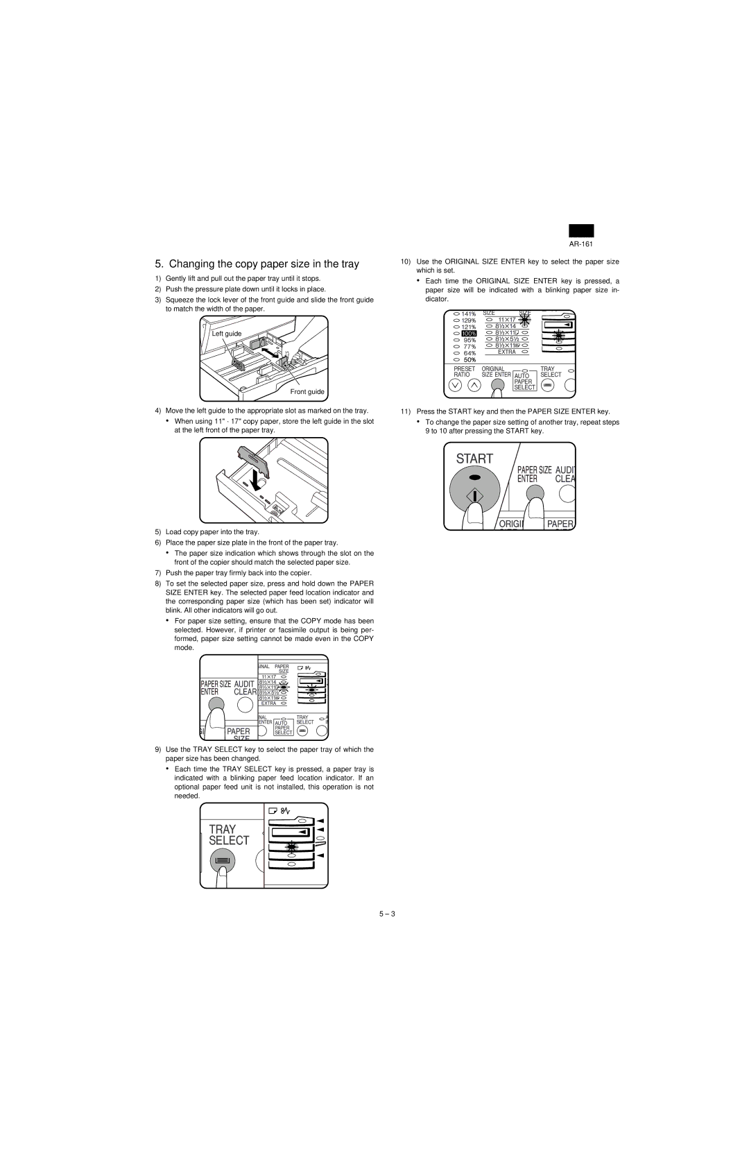 Sharp AR-161, AR-160 specifications Changing the copy paper size in the tray 