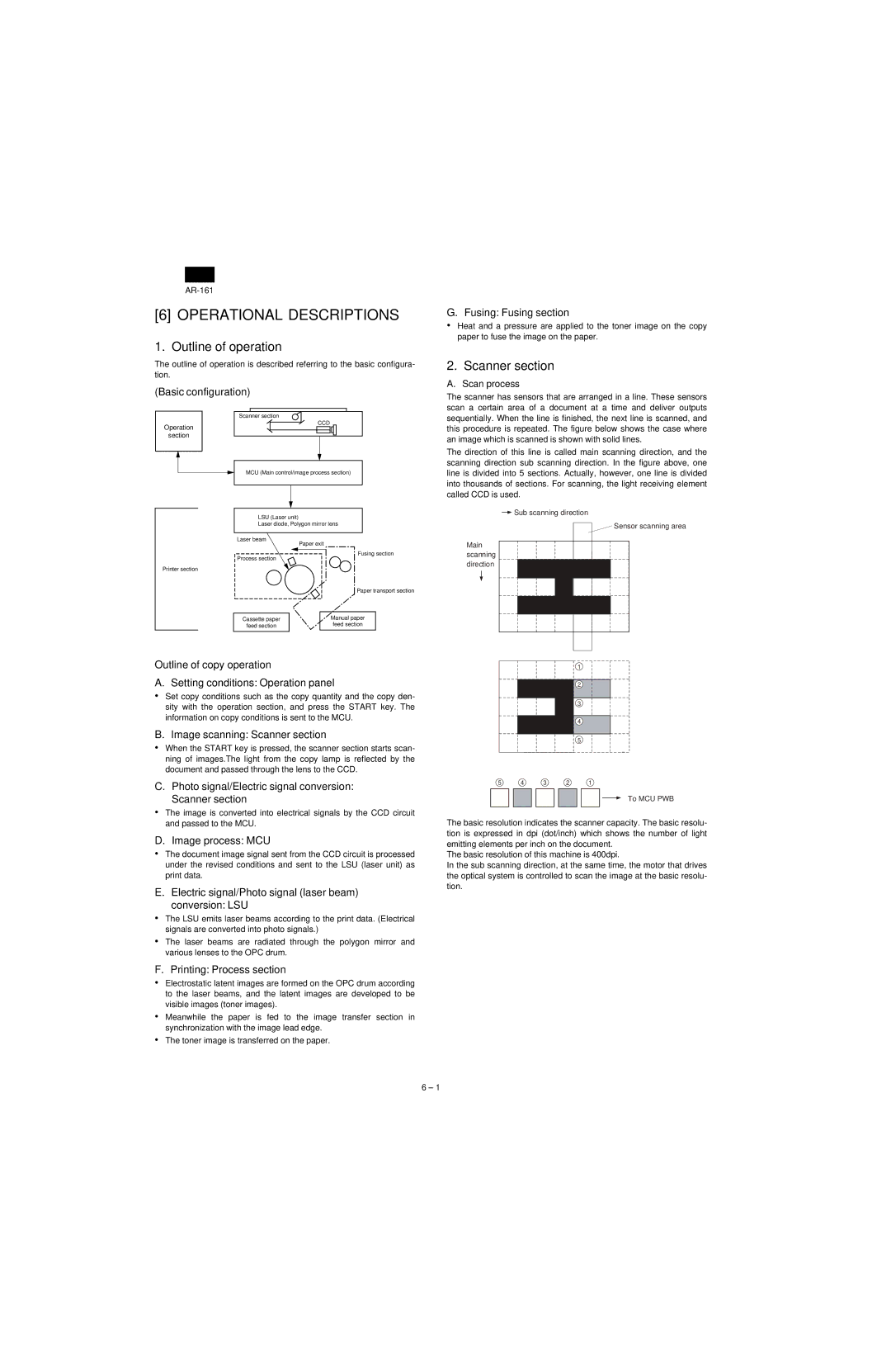 Sharp AR-160, AR-161 specifications Operational Descriptions, Outline of operation, Scanner section 