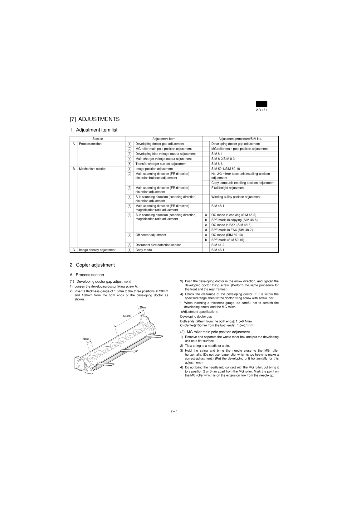 Sharp AR-161, AR-160 specifications Adjustments, Adjustment item list, Copier adjustment, Process section 