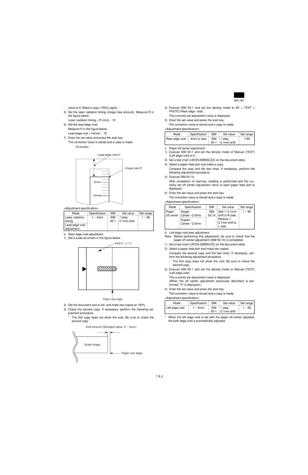 Sharp AR-161, AR-160 specifications Paper off center adjustment 