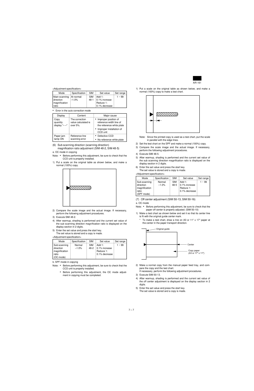 Sharp AR-161, AR-160 specifications Off center adjustment SIM 50-13, SIM, OC mode in copying 