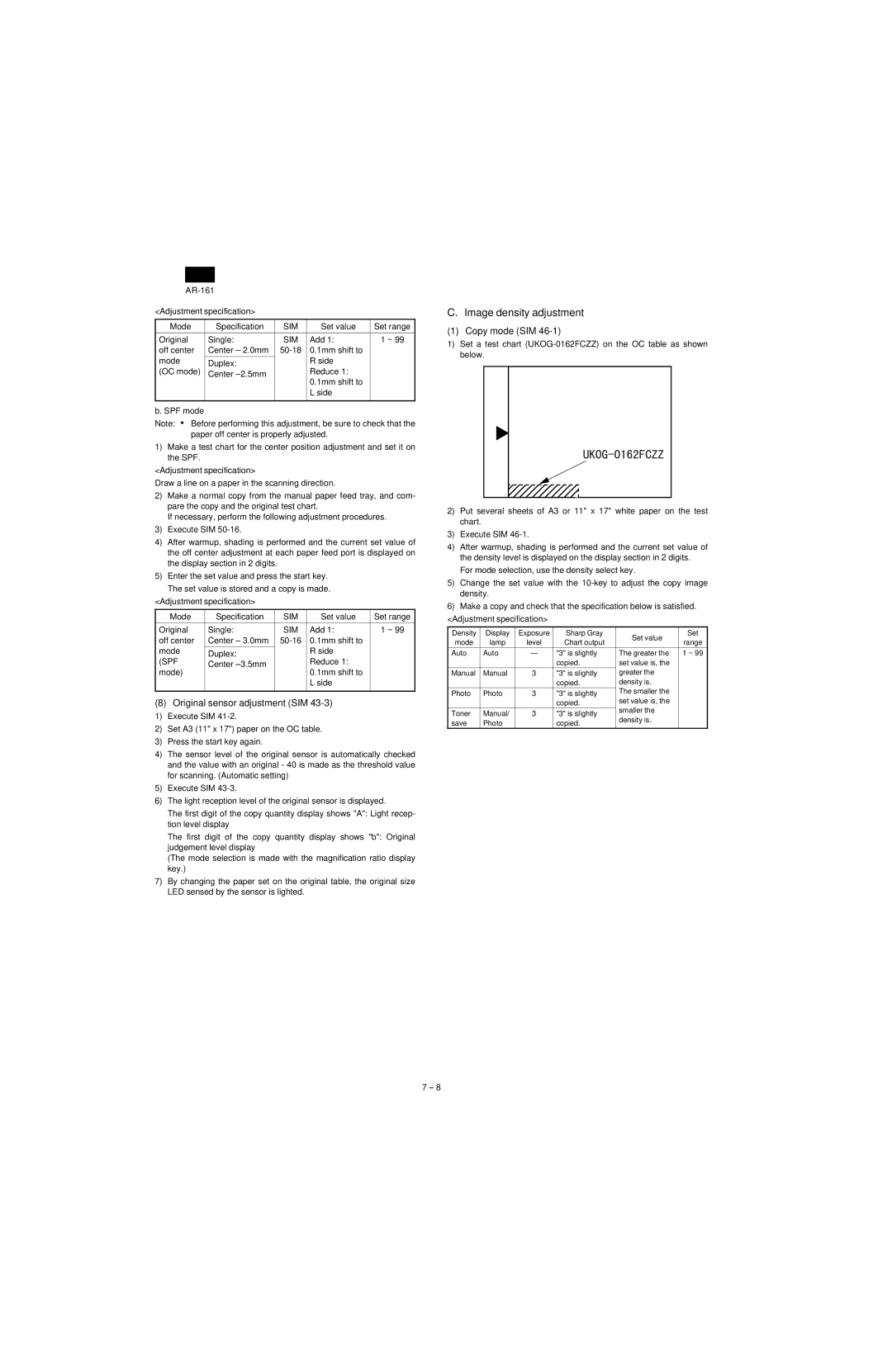 Sharp AR-160, AR-161 specifications Image density adjustment, Original sensor adjustment SIM, Copy mode SIM, Spf 
