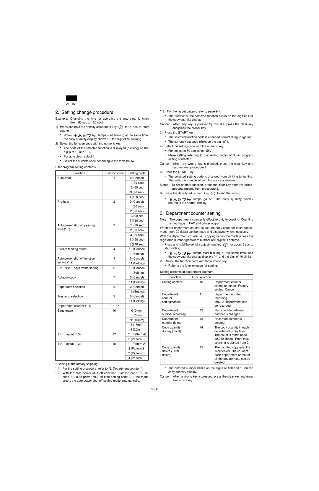 Sharp AR-160, AR-161 specifications Setting change procedure, Department counter setting 