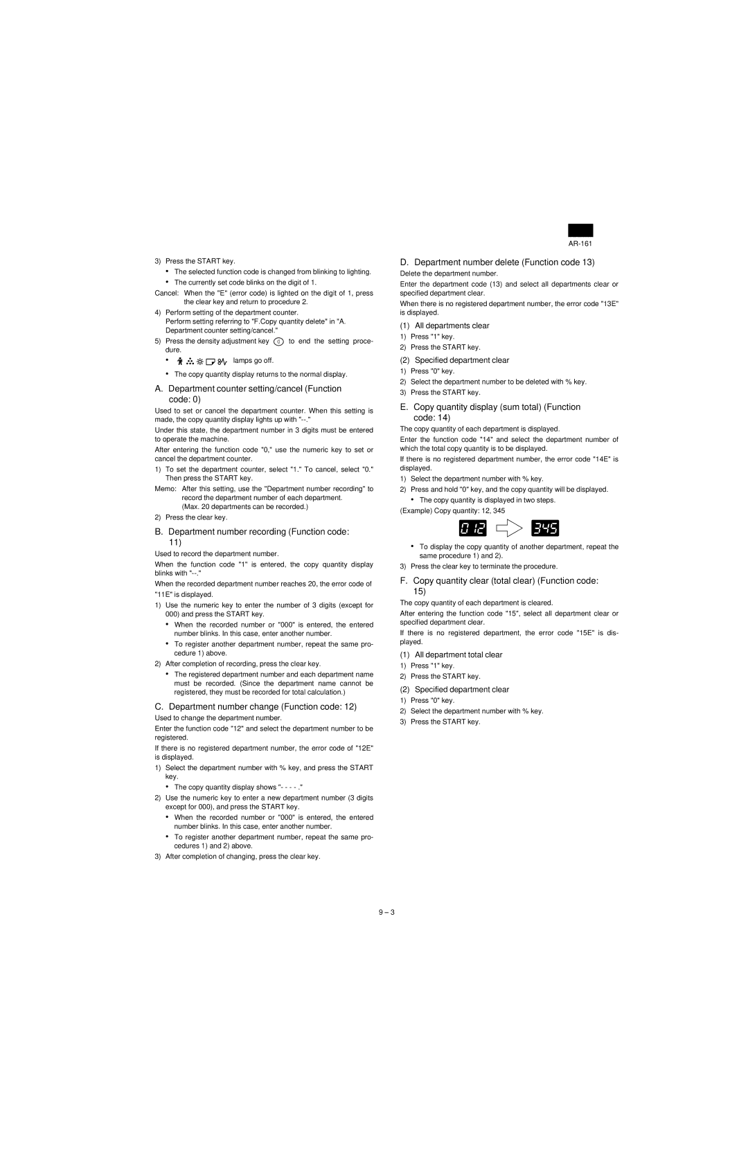 Sharp AR-161, AR-160 Department counter setting/cancel Function code, Department number recording Function code 