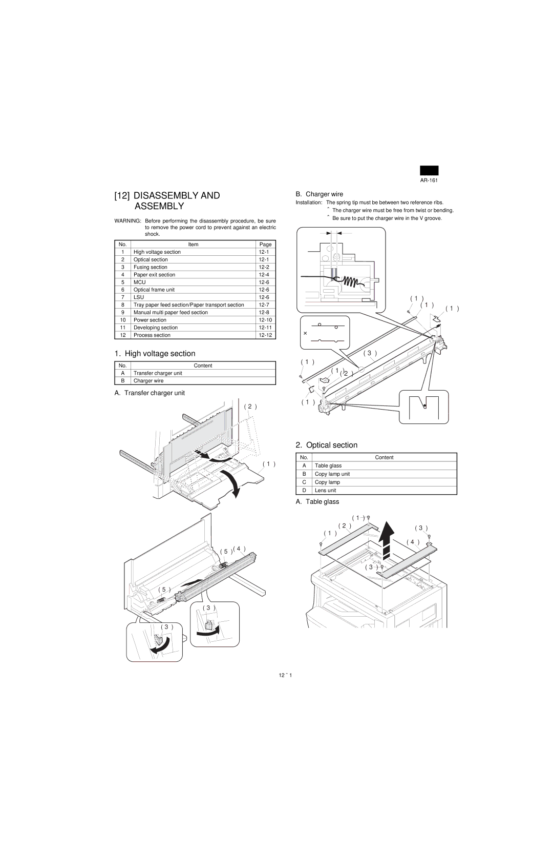 Sharp AR-161, AR-160 specifications Disassembly and Assembly, High voltage section, Optical section 