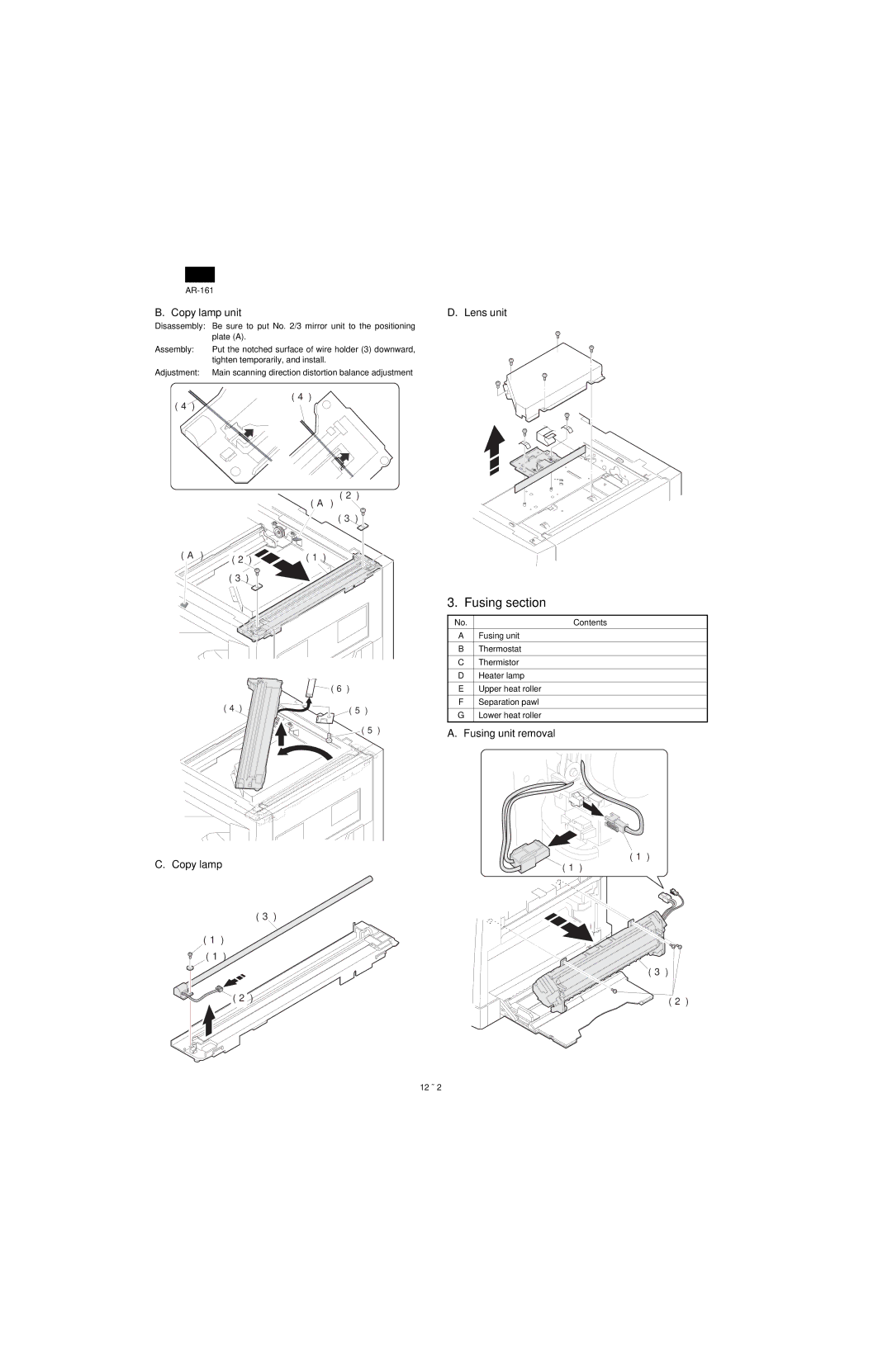 Sharp AR-160, AR-161 specifications Copy lamp unit, Copy lamp Lens unit, Fusing unit removal 