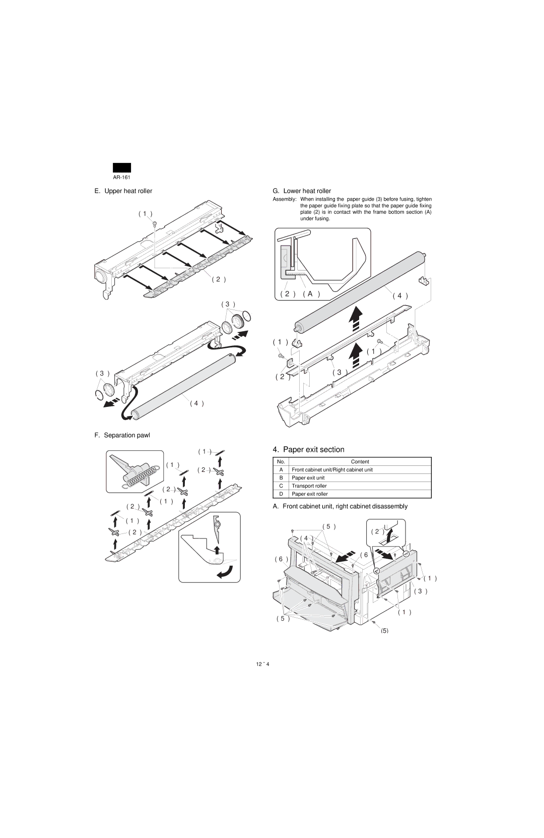 Sharp AR-160, AR-161 specifications Paper exit section, Upper heat roller Separation pawl Lower heat roller 