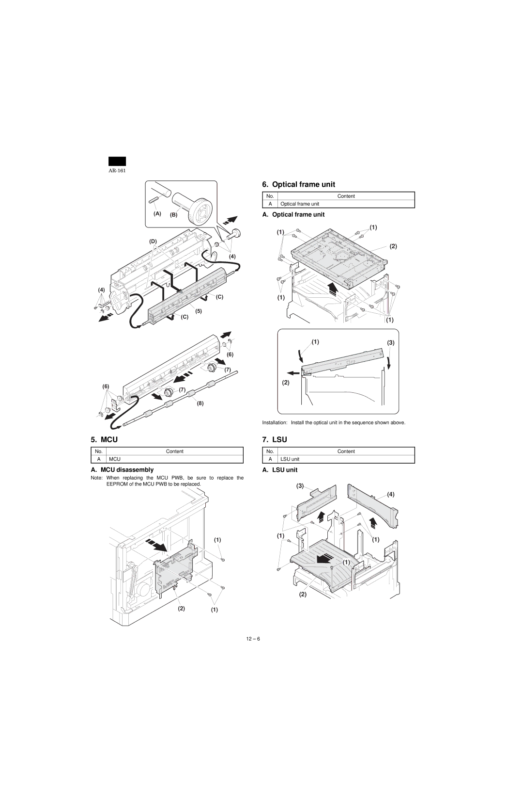 Sharp AR-160, AR-161 specifications Optical frame unit, Mcu, Lsu 