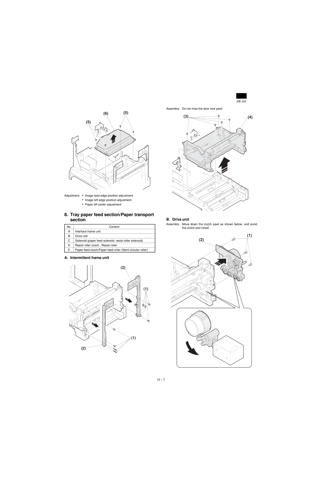 Sharp AR-161, AR-160 specifications Tray paper feed section/Paper transport section, Intermittent frame unit, Drive unit 