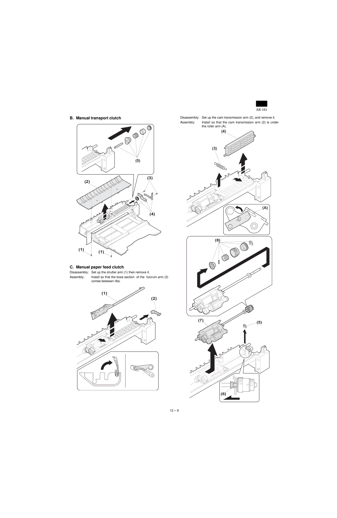 Sharp AR-161, AR-160 specifications Manual transport clutch, Manual paper feed clutch 