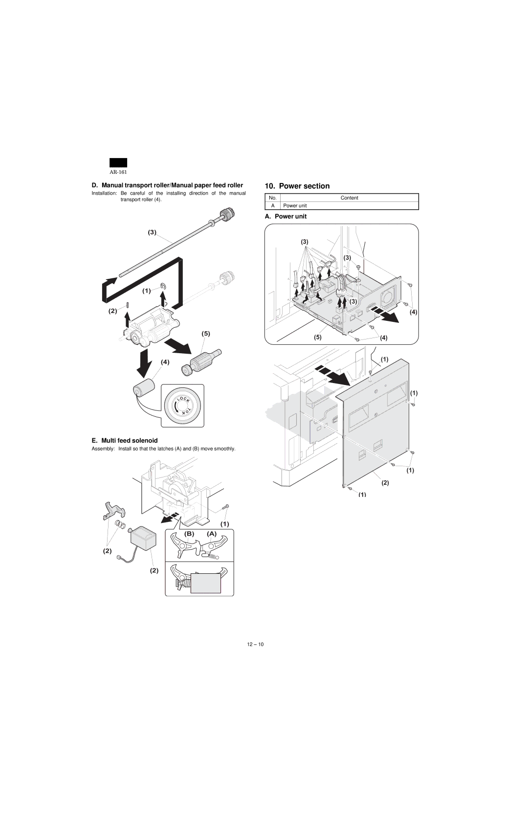 Sharp AR-160, AR-161 Power section, Manual transport roller/Manual paper feed roller, Multi feed solenoid, Power unit 