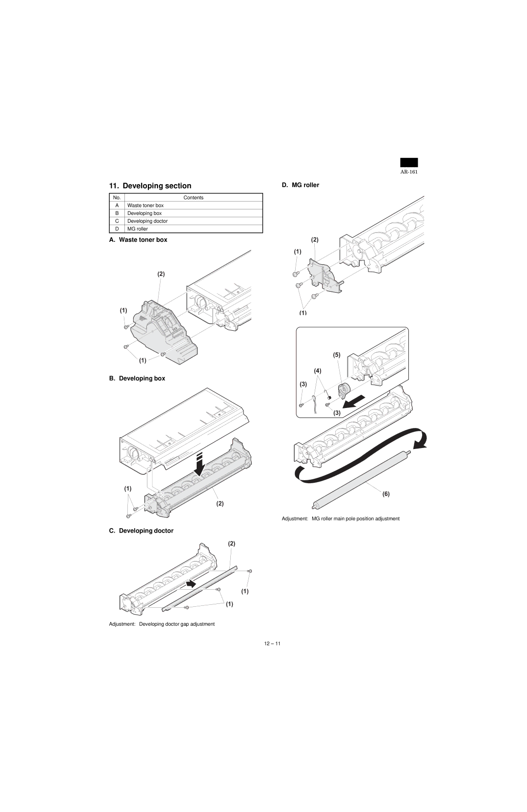 Sharp AR-161, AR-160 specifications Developing section, Waste toner box Developing box MG roller, Developing doctor 