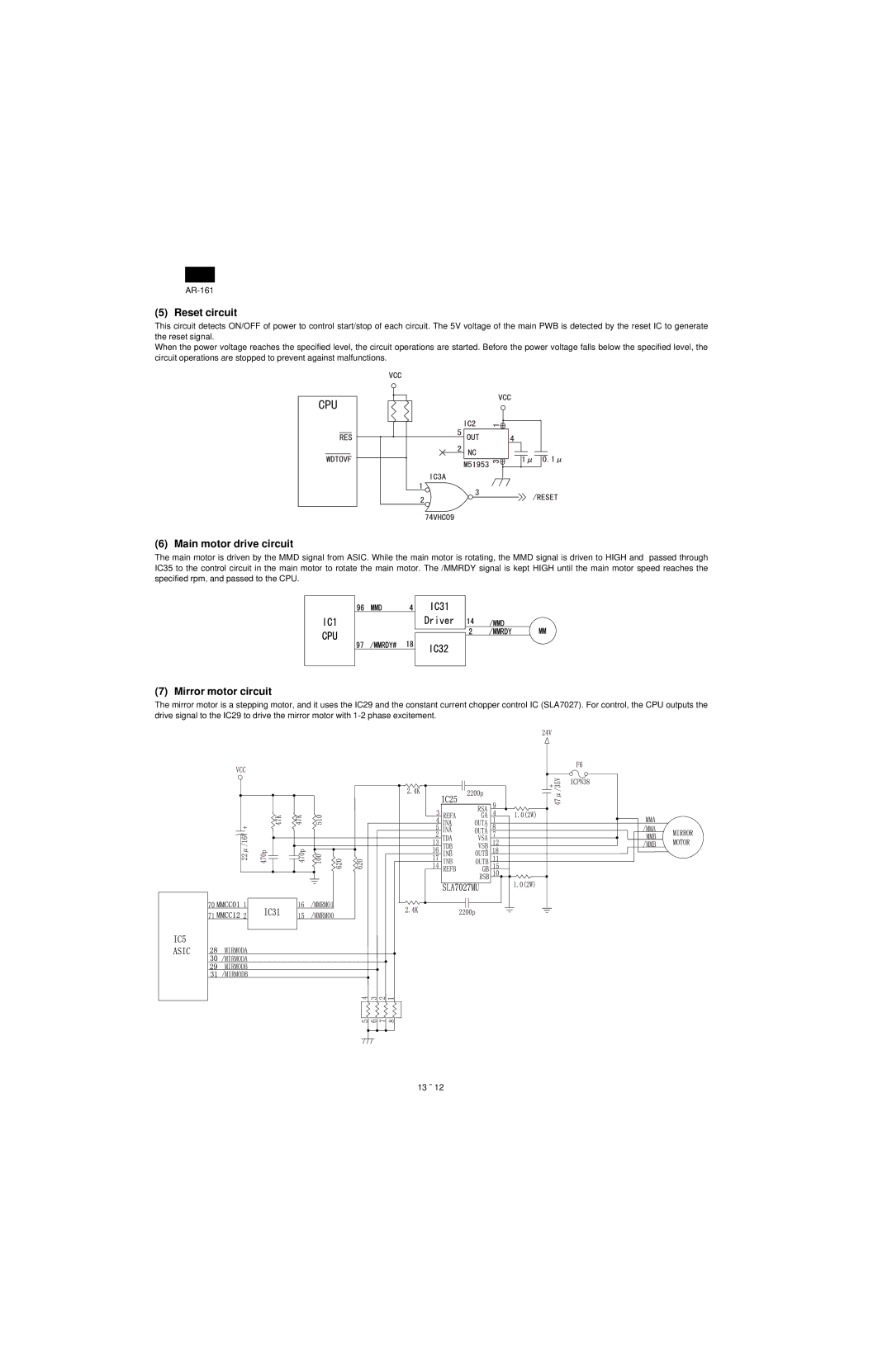 Sharp AR-160, AR-161 specifications Reset circuit, Main motor drive circuit, Mirror motor circuit 