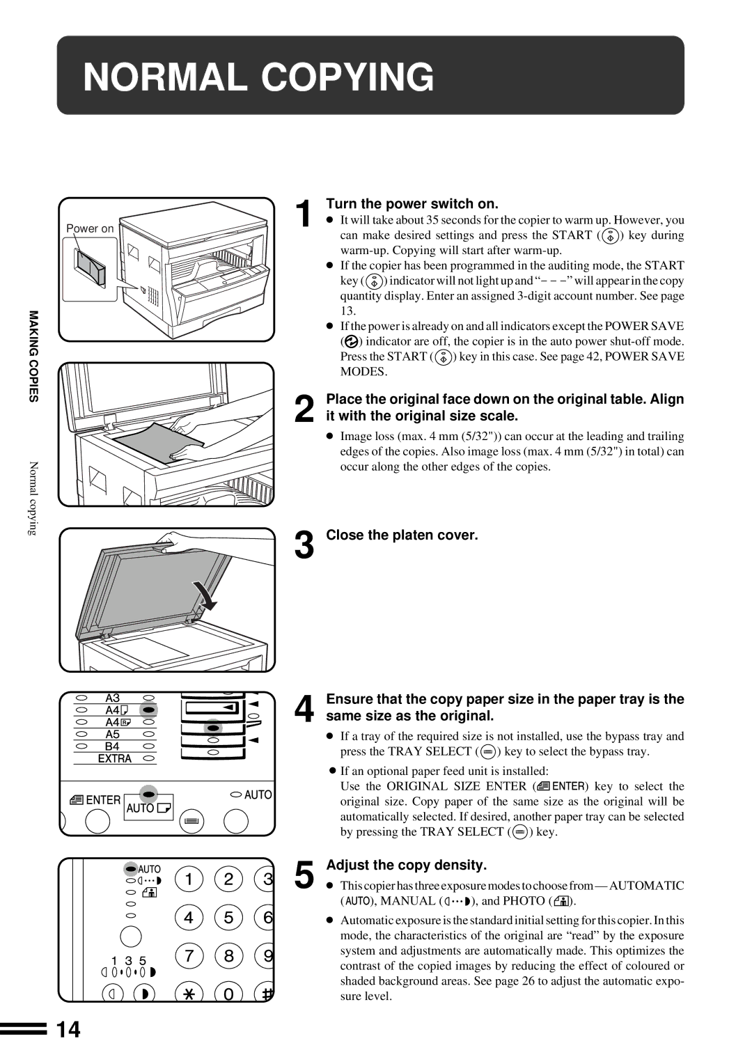 Sharp AR-162, AR-163 operation manual Normal Copying, Turn the power switch on, Adjust the copy density 