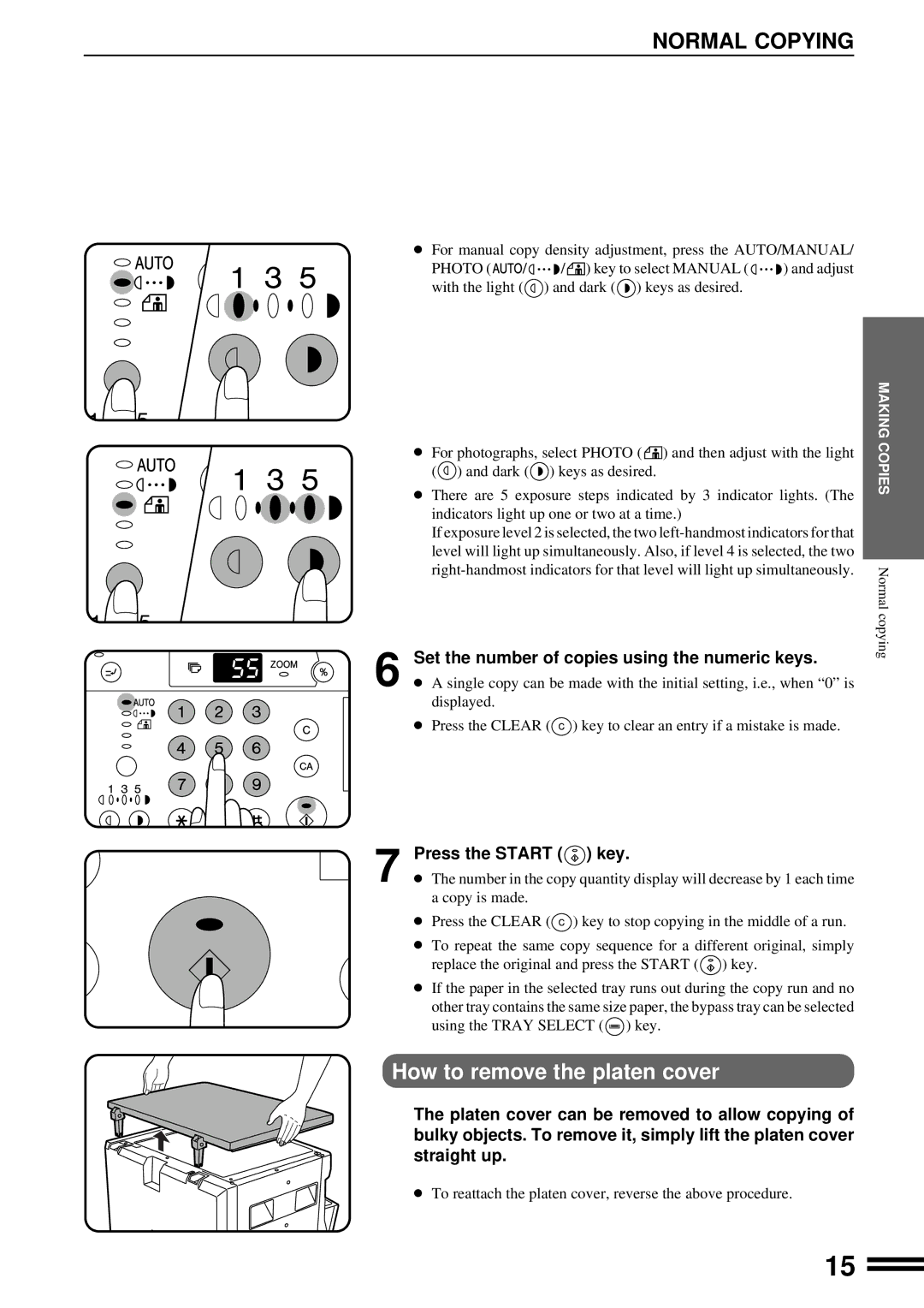 Sharp AR-163, AR-162 Normal Copying, How to remove the platen cover, Set the number of copies using the numeric keys 