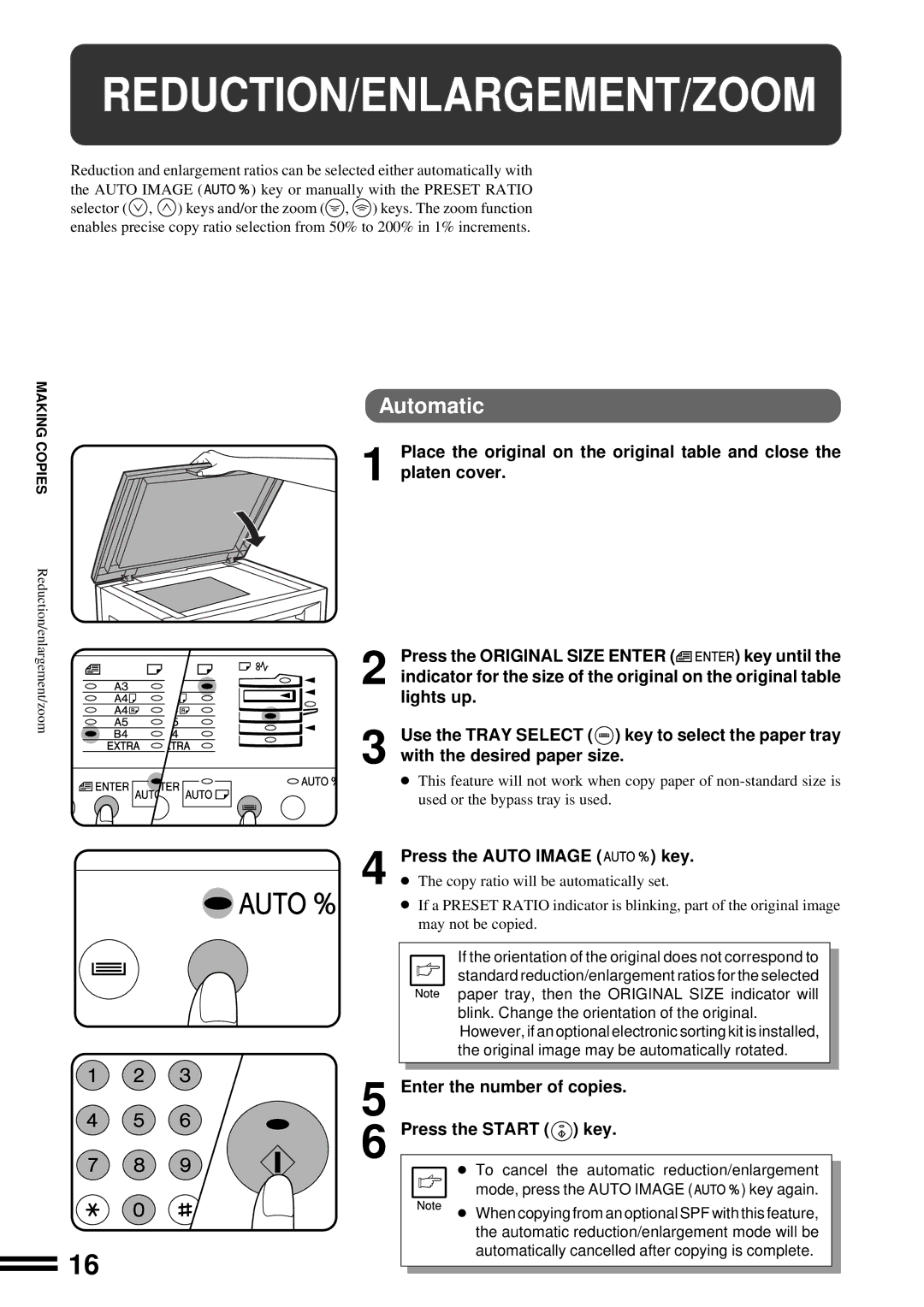 Sharp AR-162, AR-163 operation manual Reduction/Enlargement/Zoom, Automatic, Press the Auto Image Key 