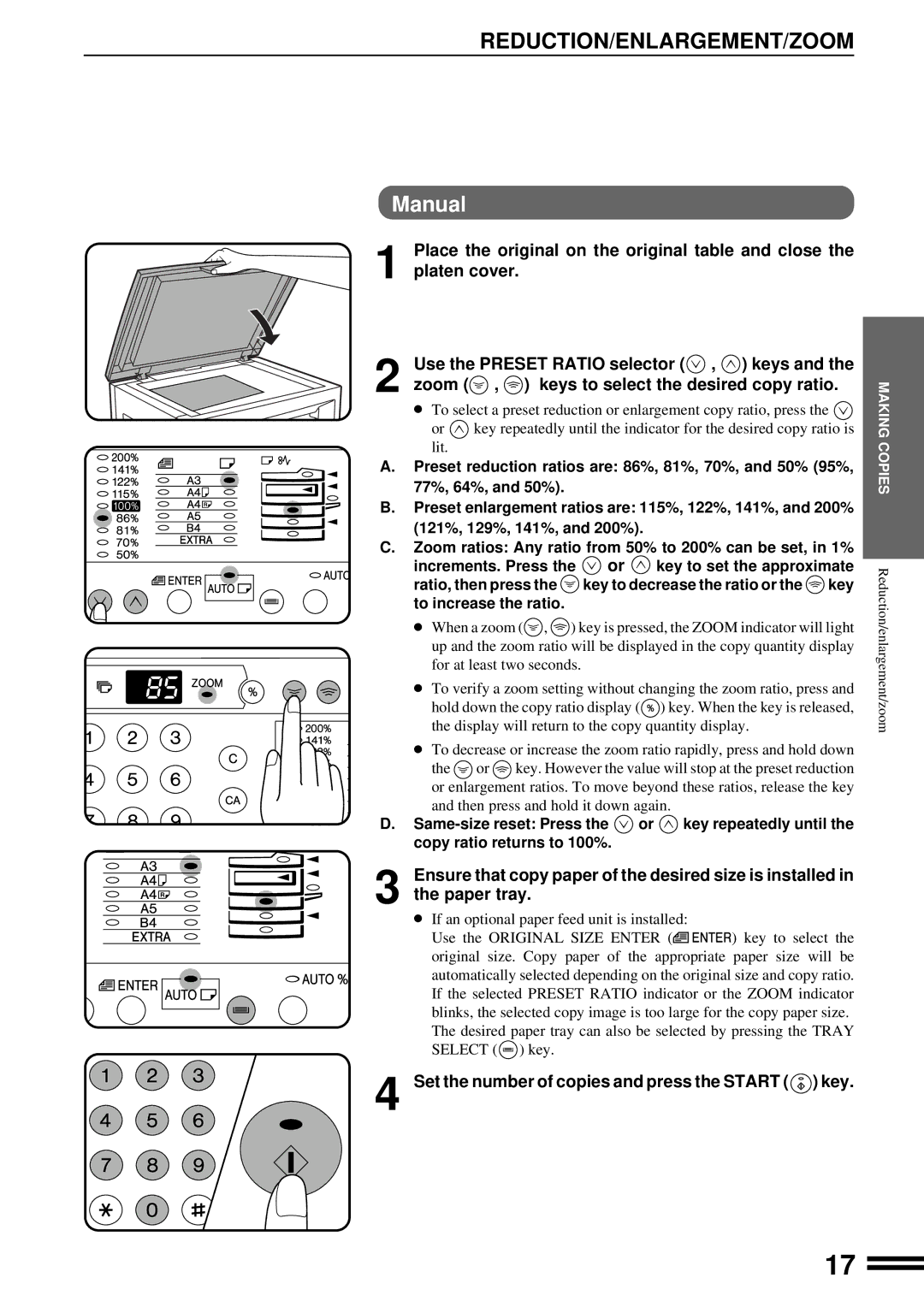 Sharp AR-163, AR-162 operation manual Reduction/Enlargement/Zoom, Manual, Set the number of copies and press the Start key 